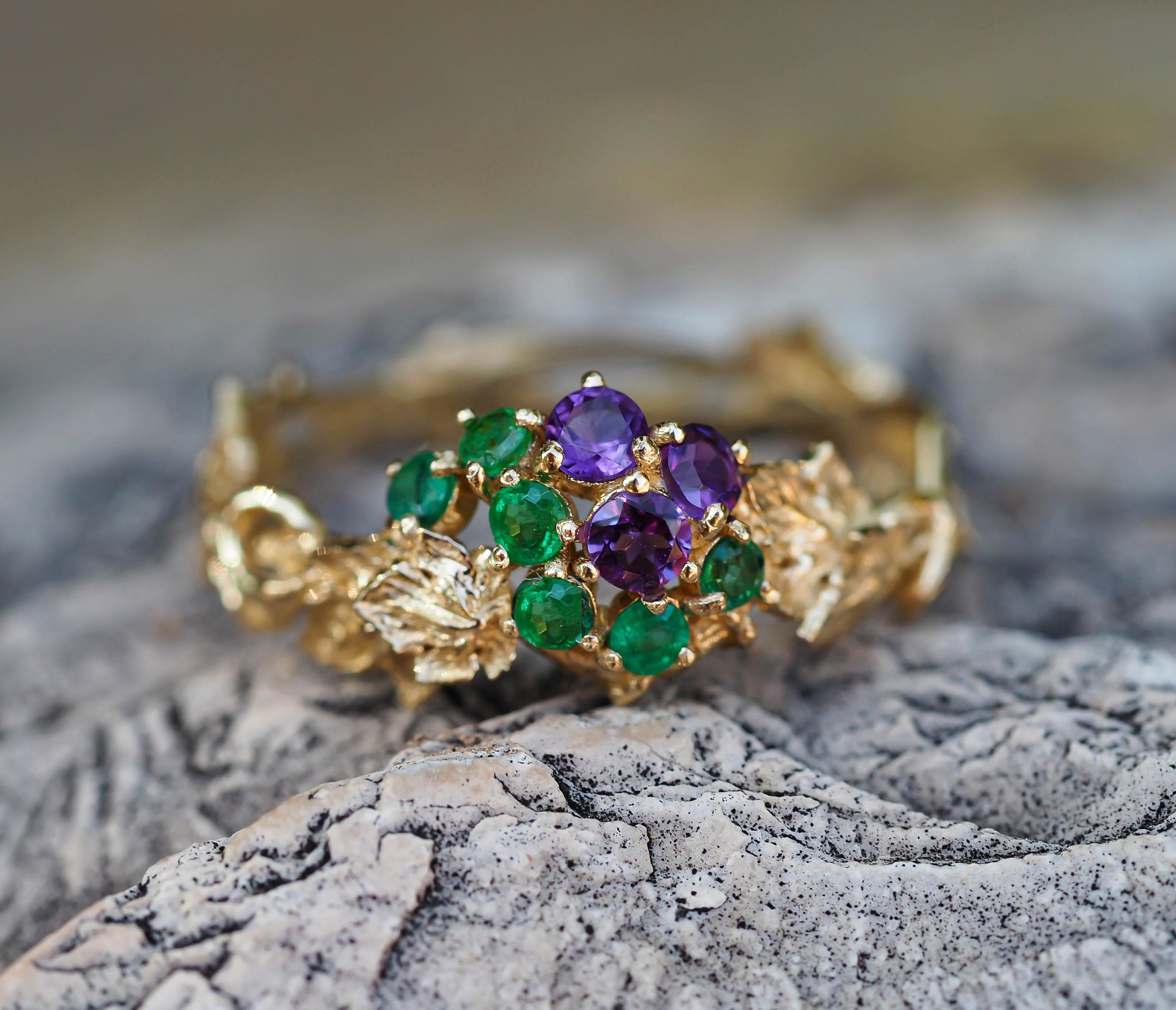 Grape ring with emeralds, amethysts in 14k gold.  For Sale 2