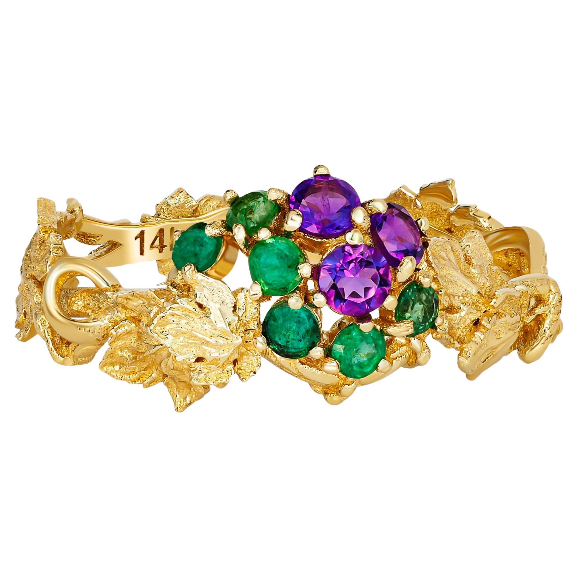 Grape ring with emeralds, amethysts in 14k gold.  For Sale