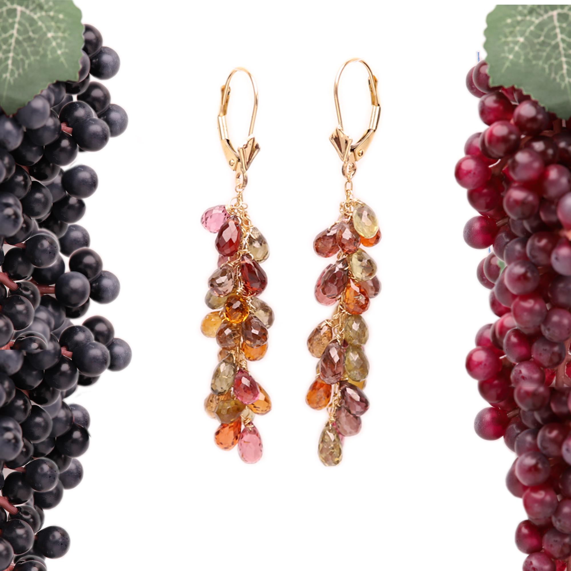 New Brilliant Colors Drops Earrings
Grape Vine style Dangling Earrings
Natural gemstones mixed colors of Rhodolite briolette shape (tear drop) 
Lever back closure Solid 14k Yellow Gold
all the rest of the wire is Gold-filled type of metal
Dangle