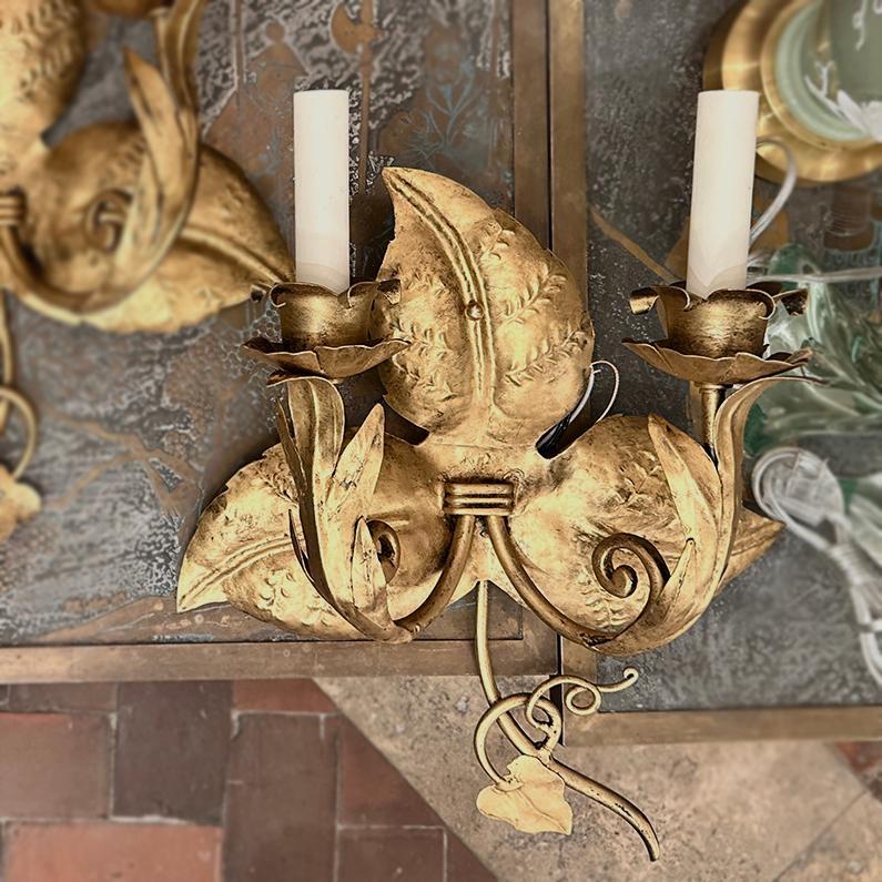 Pair of grape vine design two light gilt metal sconces with original patina.

Measurements:
Height: 15