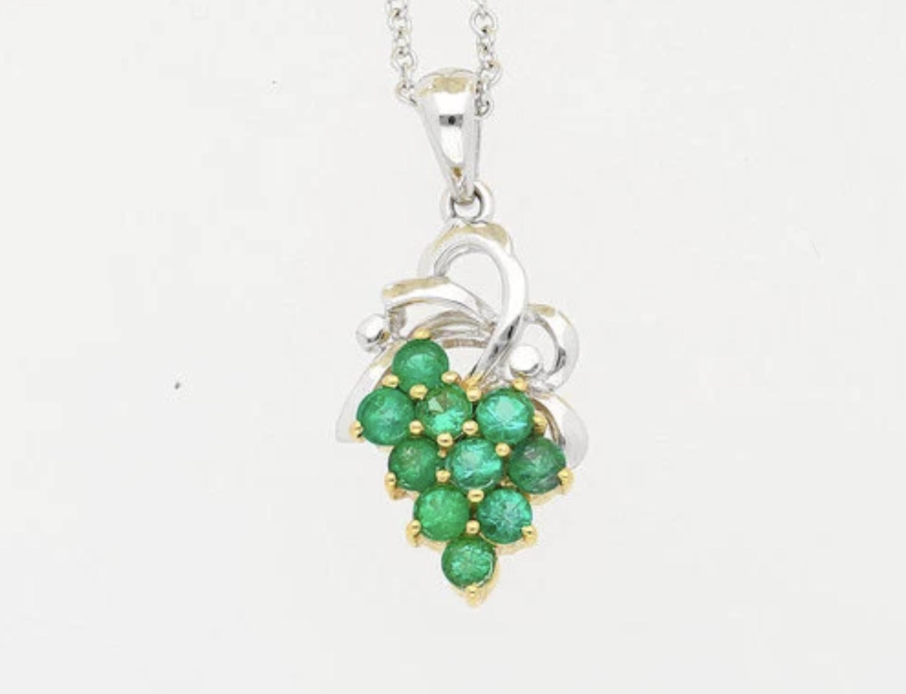 Brilliant Cut Grapevine Motif Emerald and Diamond Pendant Necklace in 18K Gold For Sale