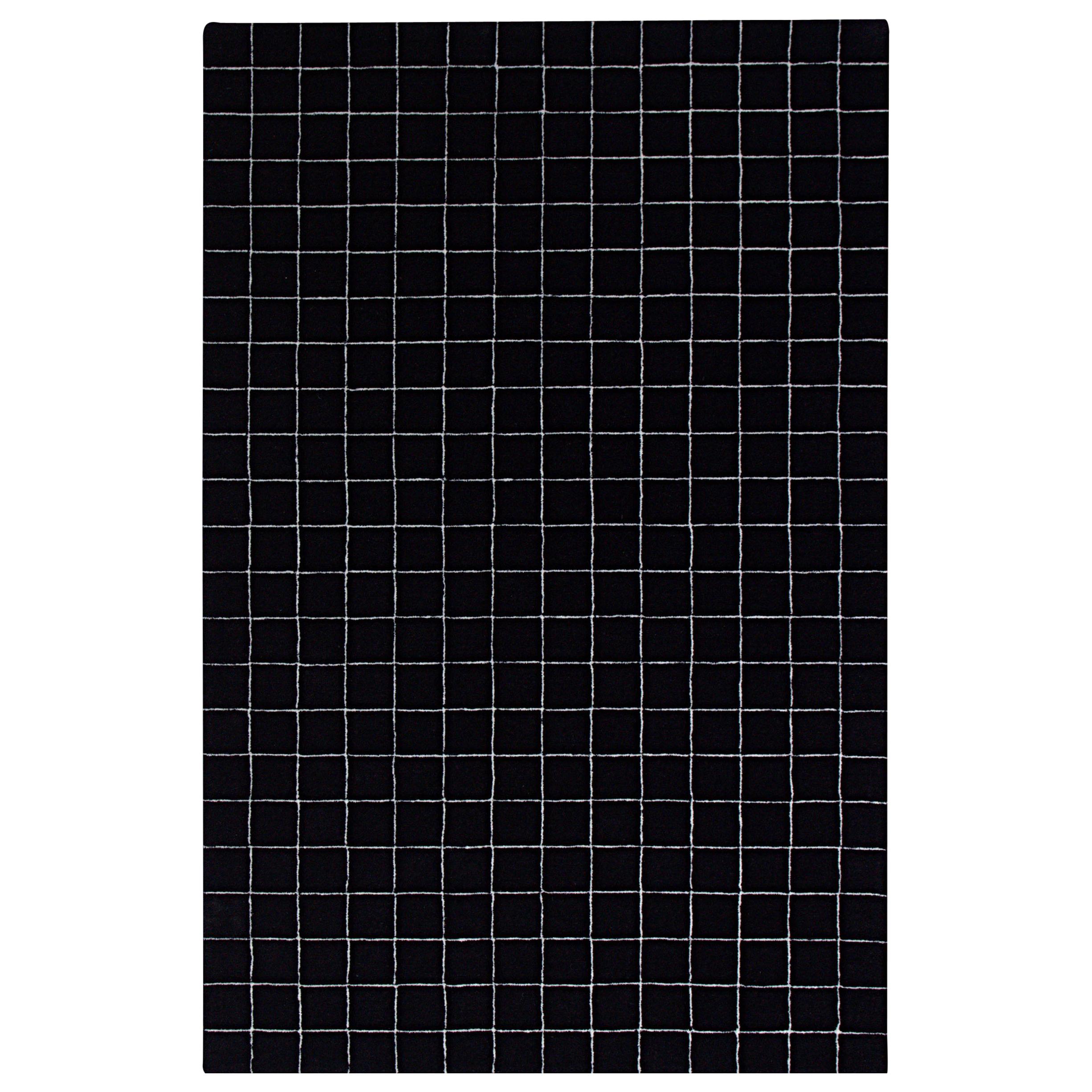 Black White Graph Check Wool Area Rug 5x8