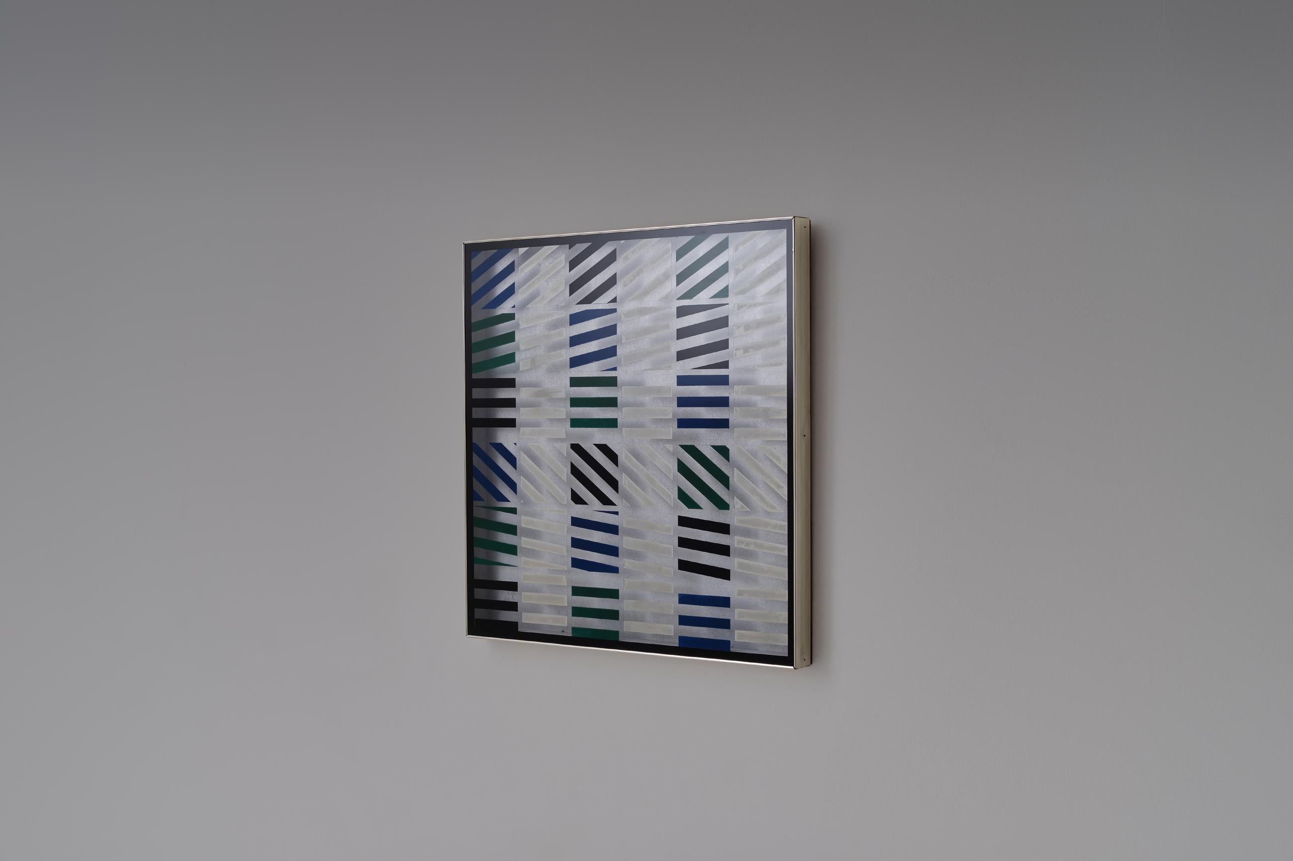 Interesting artwork 'Mathematiek' by Estelle Bilderbeek, the Netherlands, 1976. Interesting and playful artwork with a hand painted graphic pattern. The graphic pattern in green, blue, black and white is directly painted on the transpart acryl glass