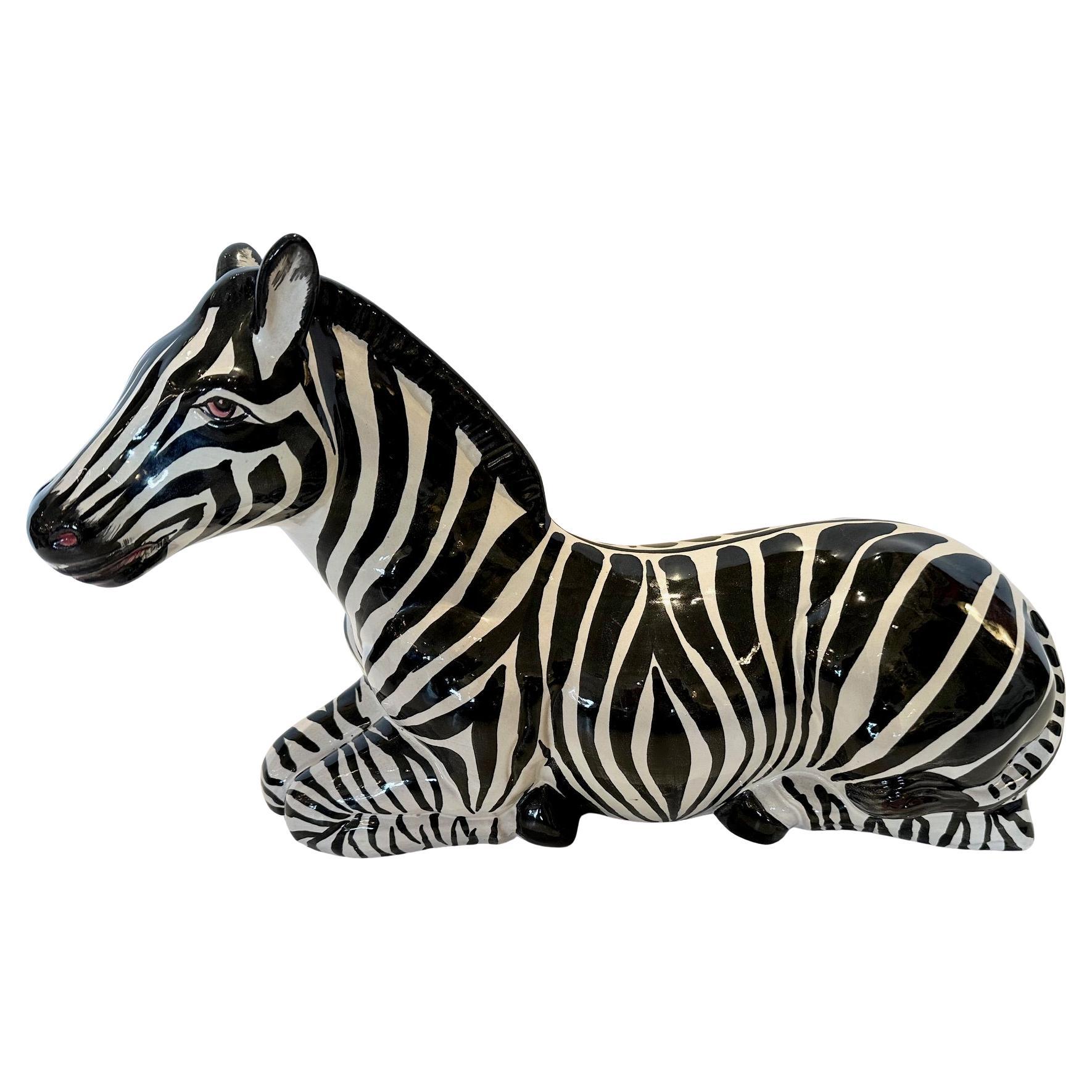 Graphic Black and White Glazed Terracotta Zebra Sculpture