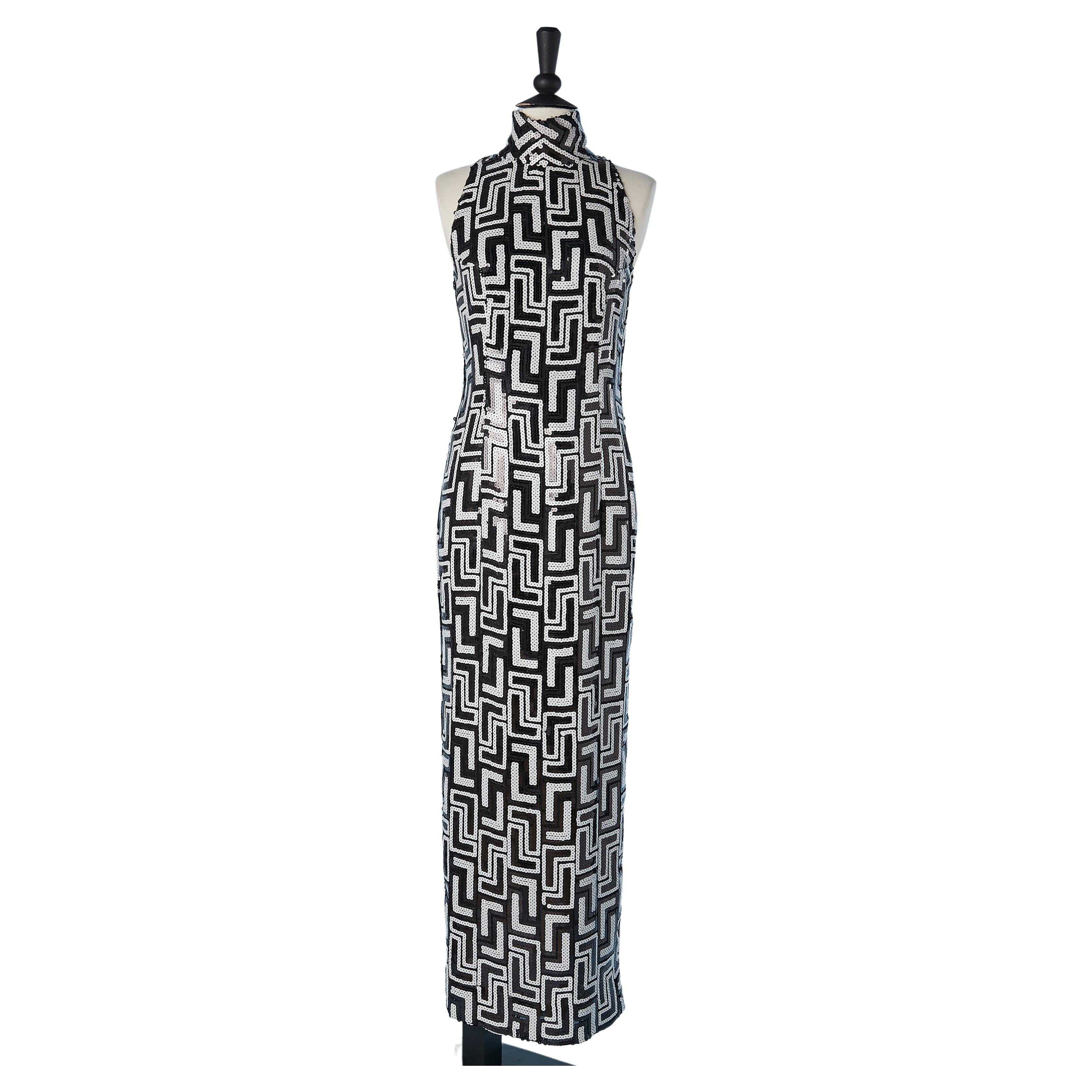 Vestido de noche sin mangas de lentejuelas blancas y negras Gianfranco Ferré en venta