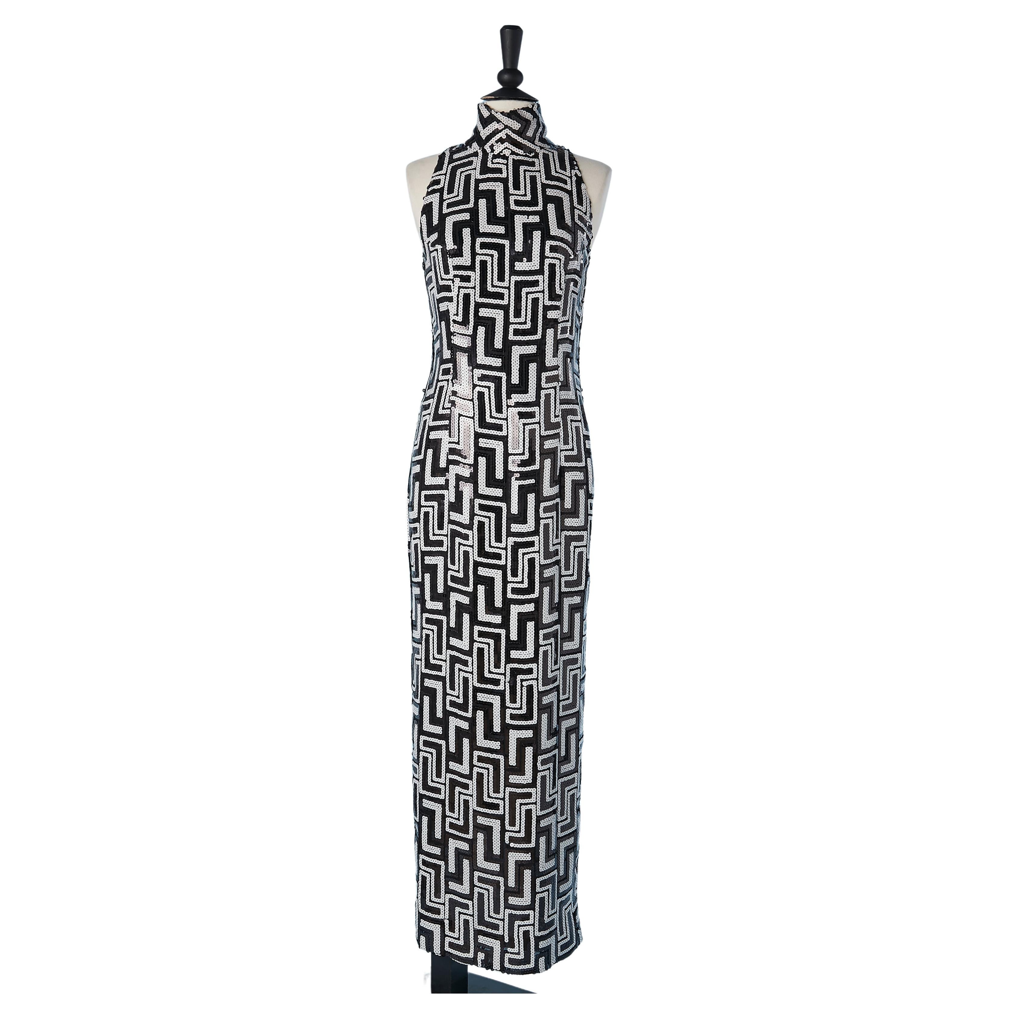 Graphic black & white sequin sleeveless evening dress Gianfranco Ferré 