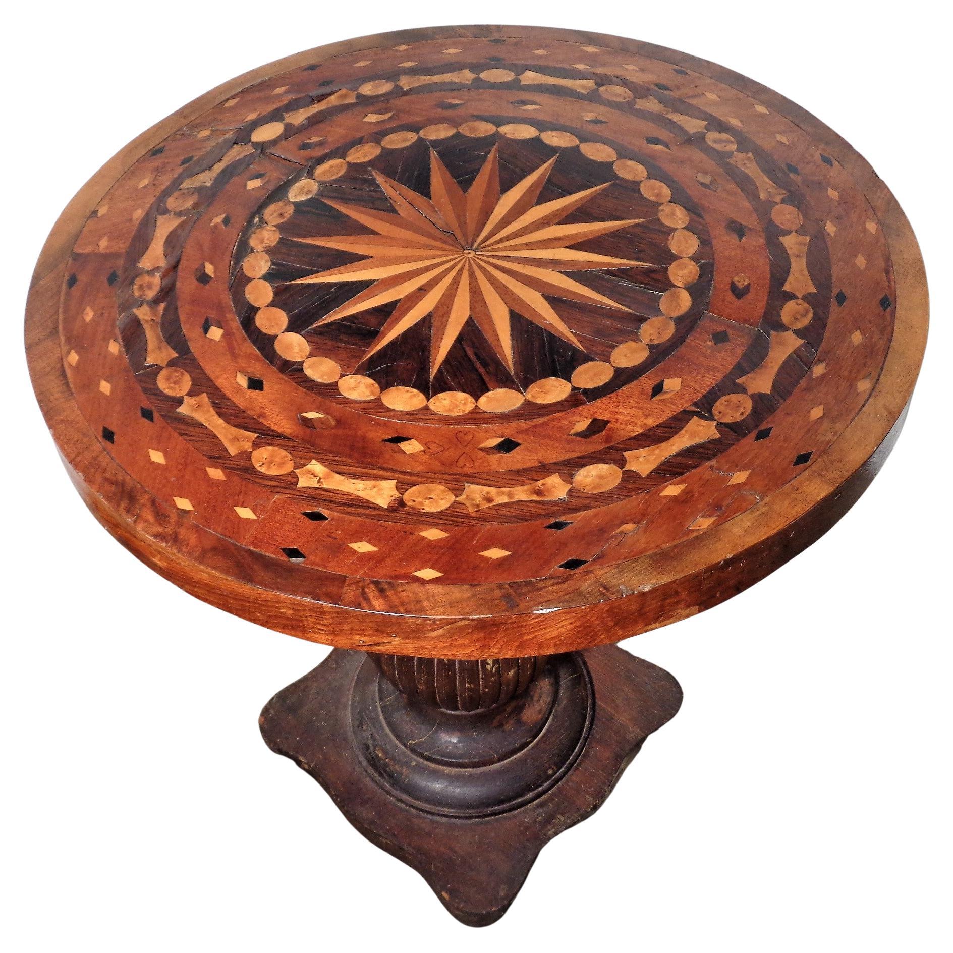 Antique Parquetry Inlaid Compass Design Top Table w/ Fluted Pedestal Base For Sale 4