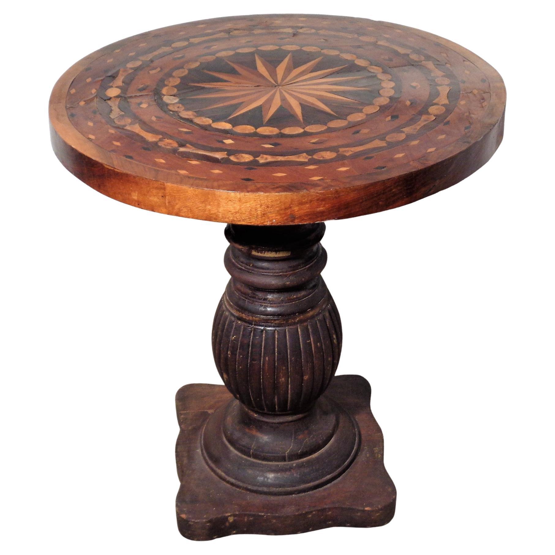 Hand-Carved Antique Parquetry Inlaid Compass Design Top Table w/ Fluted Pedestal Base For Sale