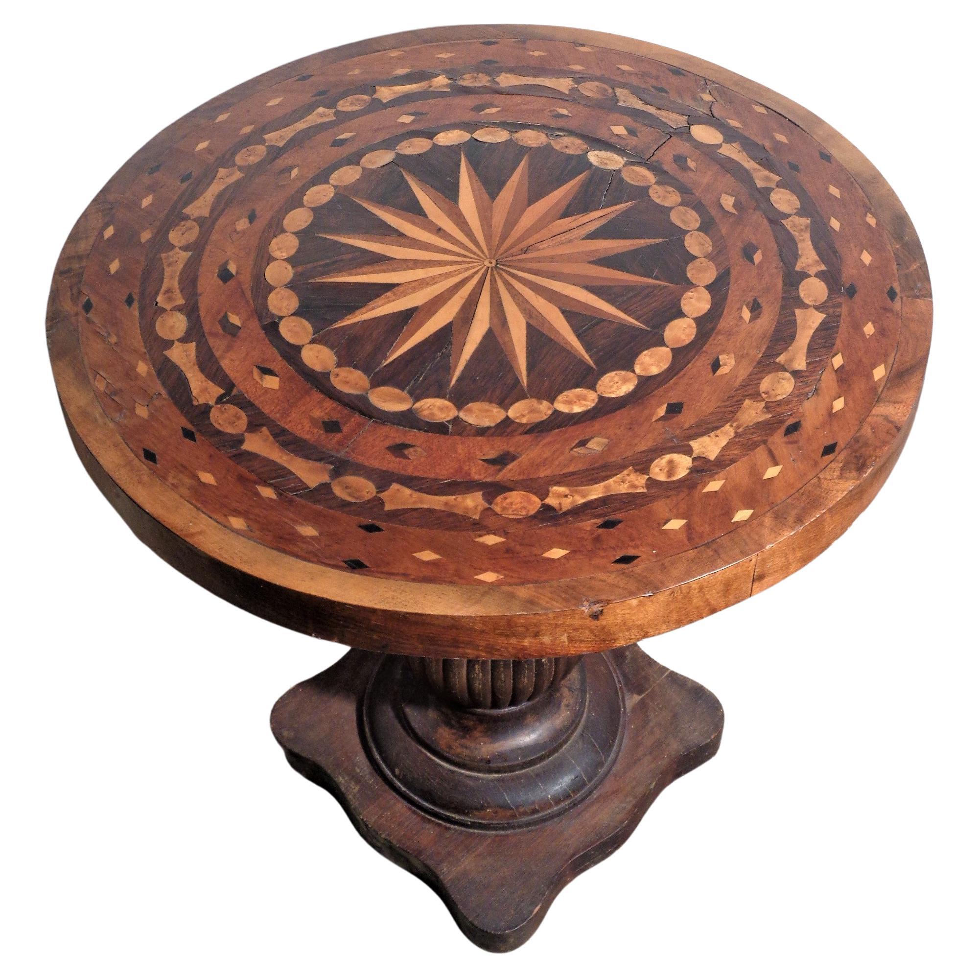 19th Century Antique Parquetry Inlaid Compass Design Top Table w/ Fluted Pedestal Base For Sale