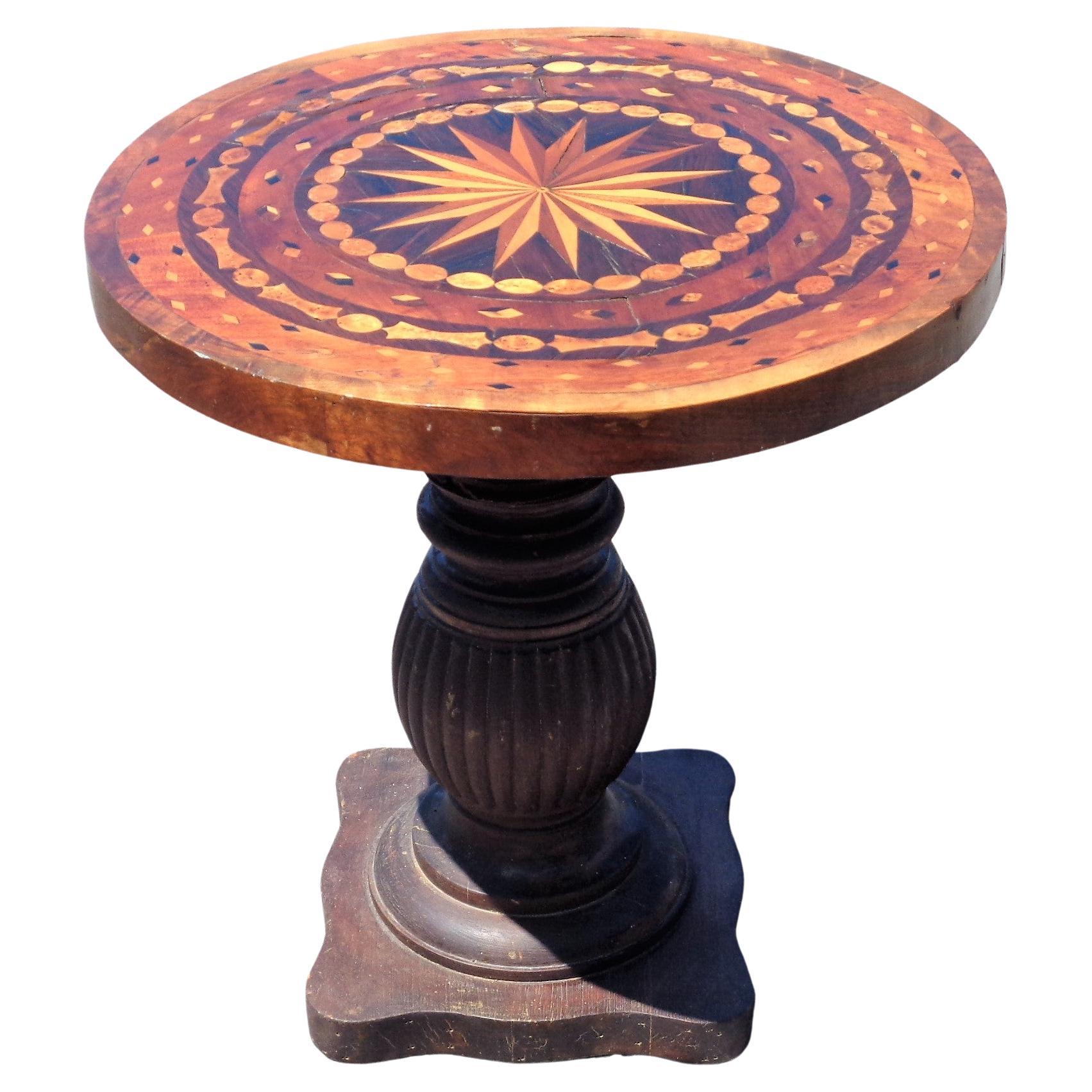 Wood Antique Parquetry Inlaid Compass Design Top Table w/ Fluted Pedestal Base For Sale