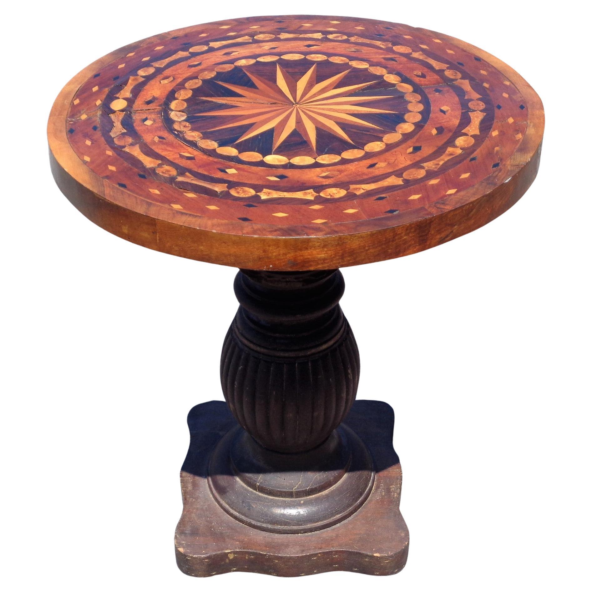 Antique Parquetry Inlaid Compass Design Top Table w/ Fluted Pedestal Base For Sale 3