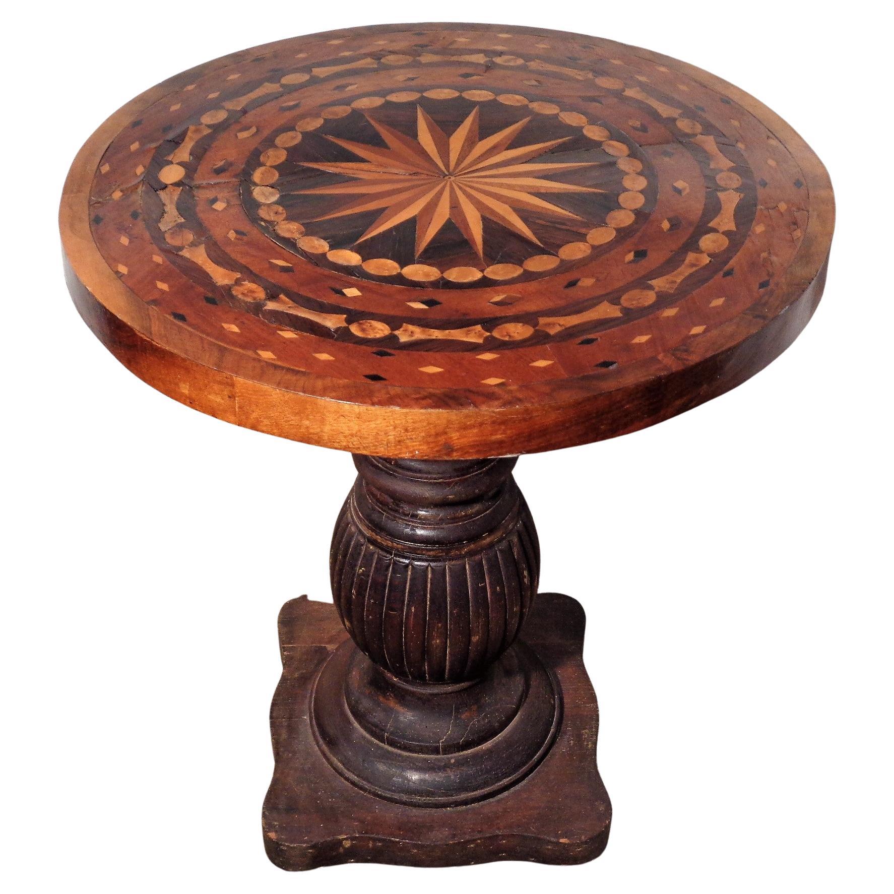 Antique Parquetry Inlaid Compass Design Top Table w/ Fluted Pedestal Base For Sale