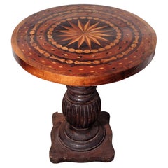 Vintage Parquetry Inlaid Compass Design Top Table w/ Fluted Pedestal Base