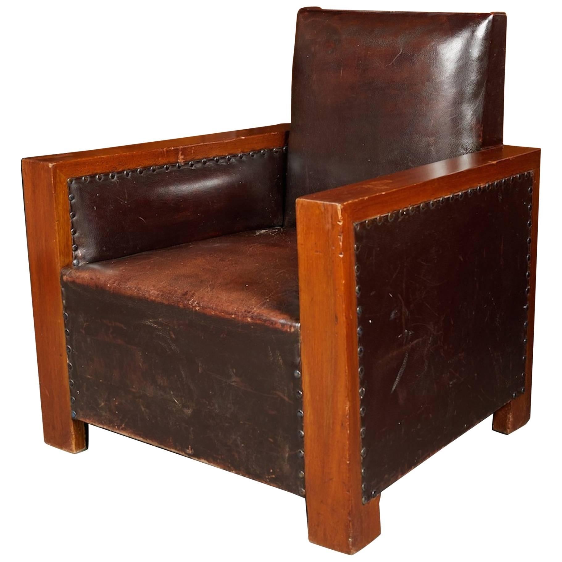 Graphic French Art Deco Walnut and Leather Club Chair