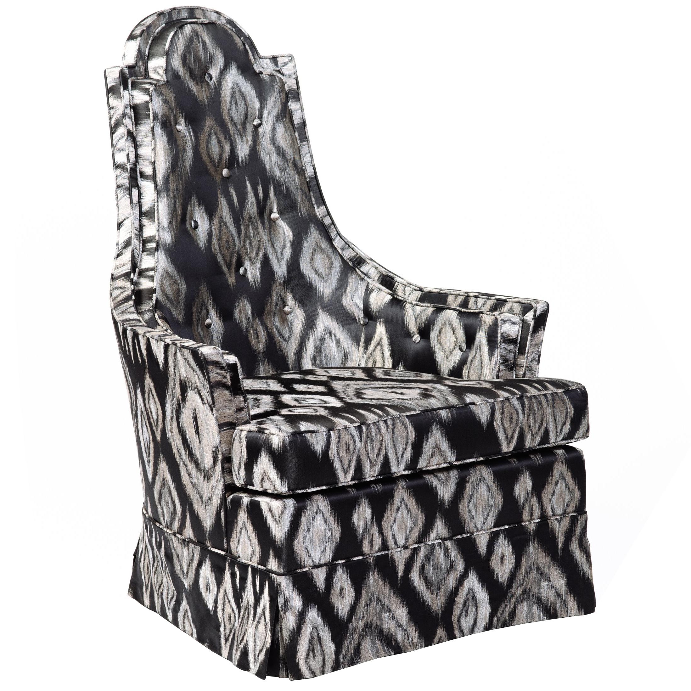 Mid-Century Modern armchair with sculptural high back design. Newly upholstered in graphic black and platinum geometric silk fabric with Ikat print. Chairs has tall shield shaped backs with a gorgeous profile. Features button back accents and
