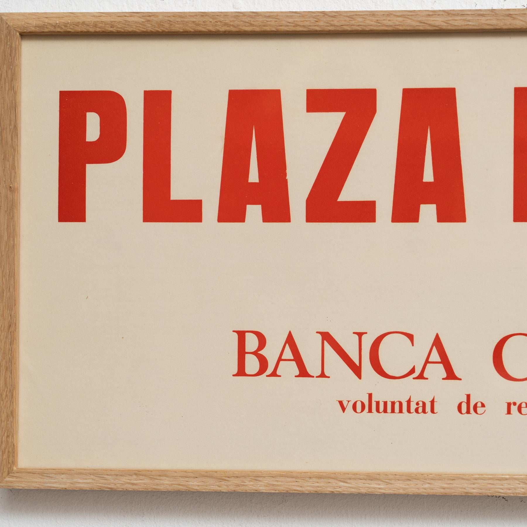 Póster Litografía Gráfica Plaza del Sol, Banco Catalunya en Marco de Roble mediados del siglo XX en venta