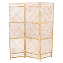 Graphic Midcentury Bamboo and Rattan Folding Screen