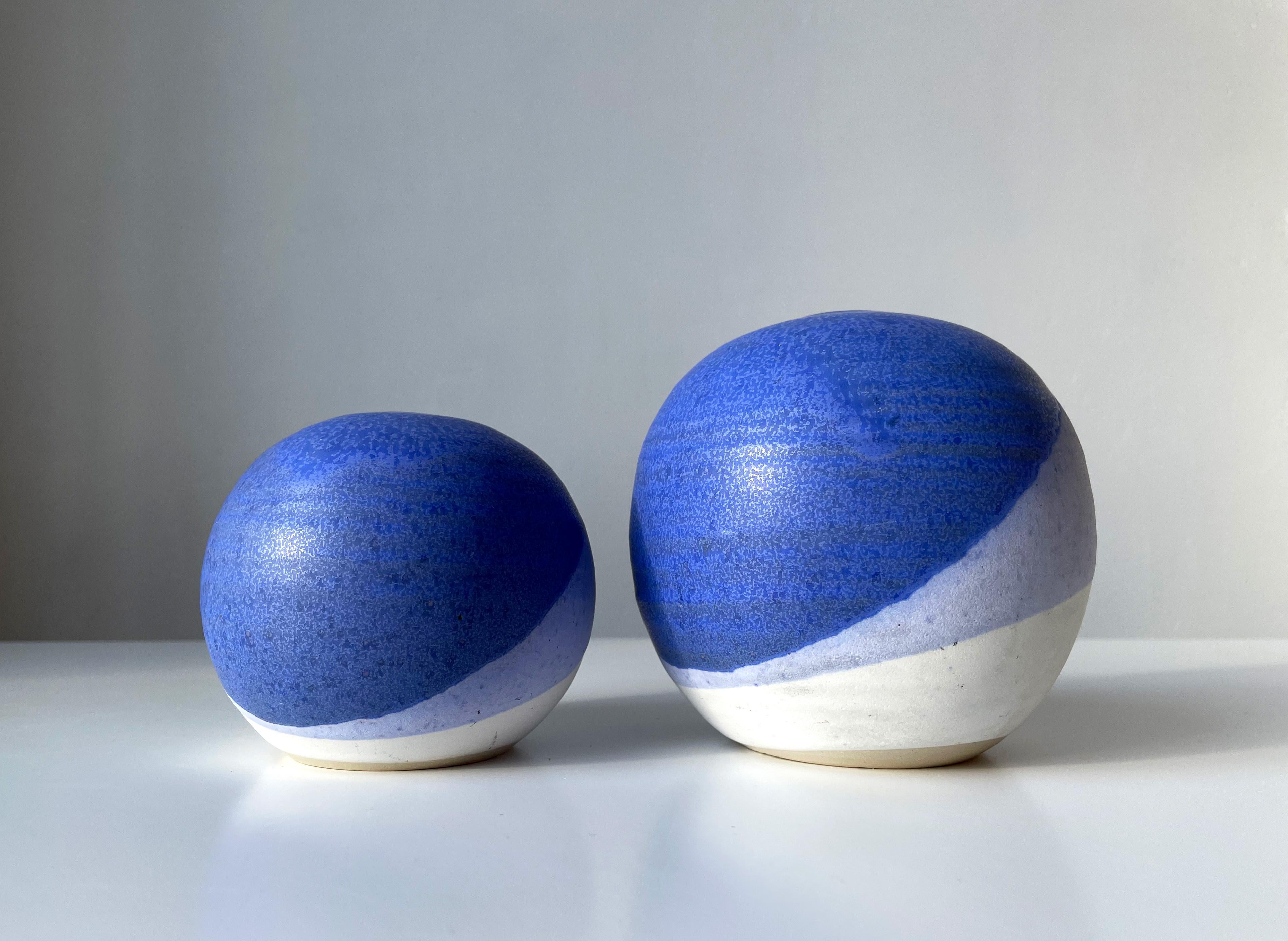 Scandinavian Modern Graphic 80s Blue, Lilac, White Glazed Vases, Candle Holders For Sale