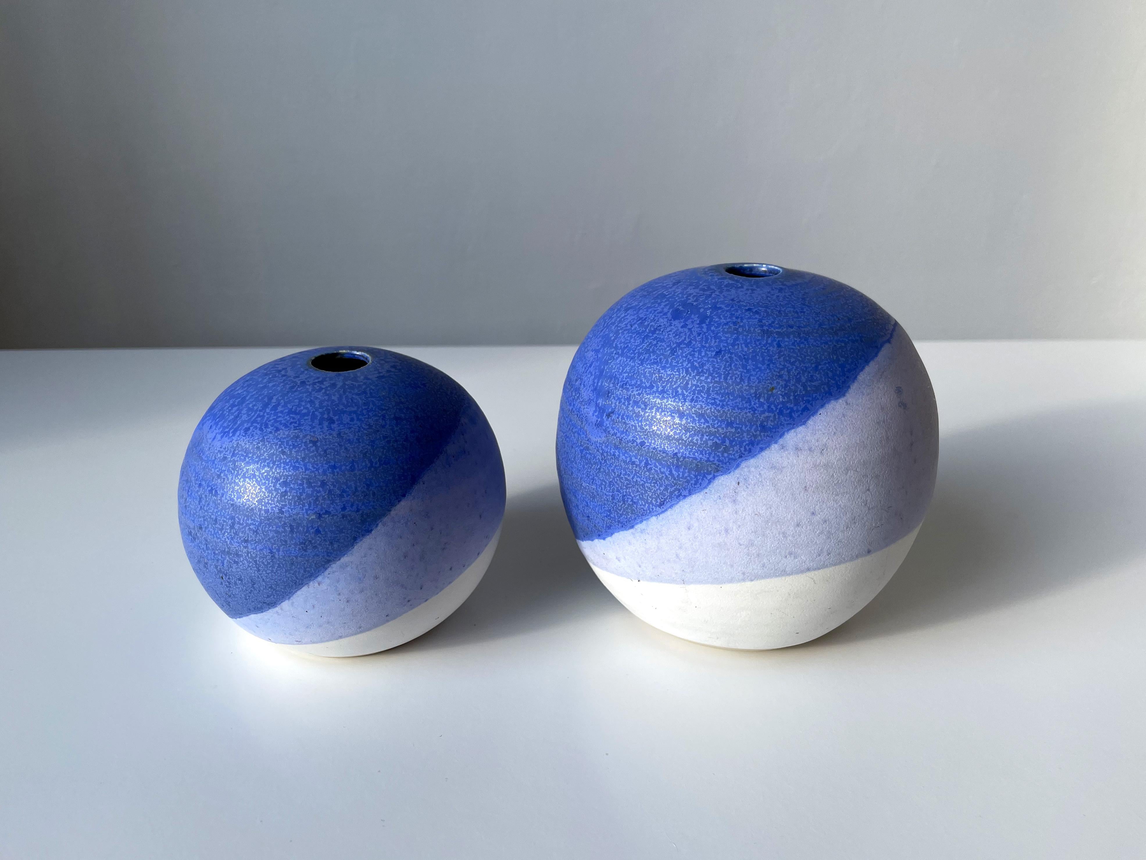 Stoneware Graphic 80s Blue, Lilac, White Glazed Vases, Candle Holders For Sale