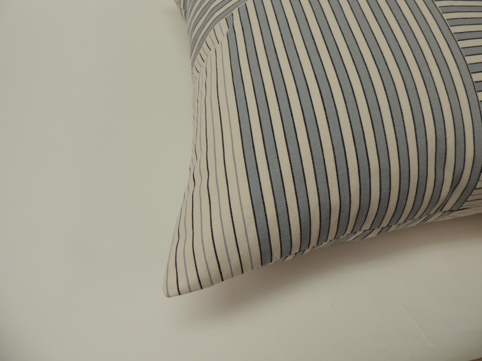 Graphic natural and charcoal grey “Parsons” stripes decorative pillow double sided 
Parsons stripes custom ATG decorative pillows using stripes to create this modern pattern, in shades of natural, slate blue and charcoal grey.  The price on the