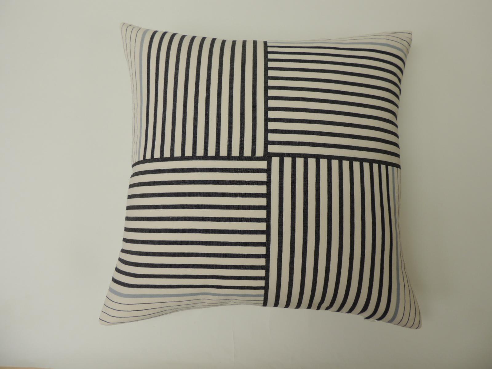 Hand-Crafted Graphic Natural and Charcoal “Parsons” Stripes Decorative Pillow Double-Sided
