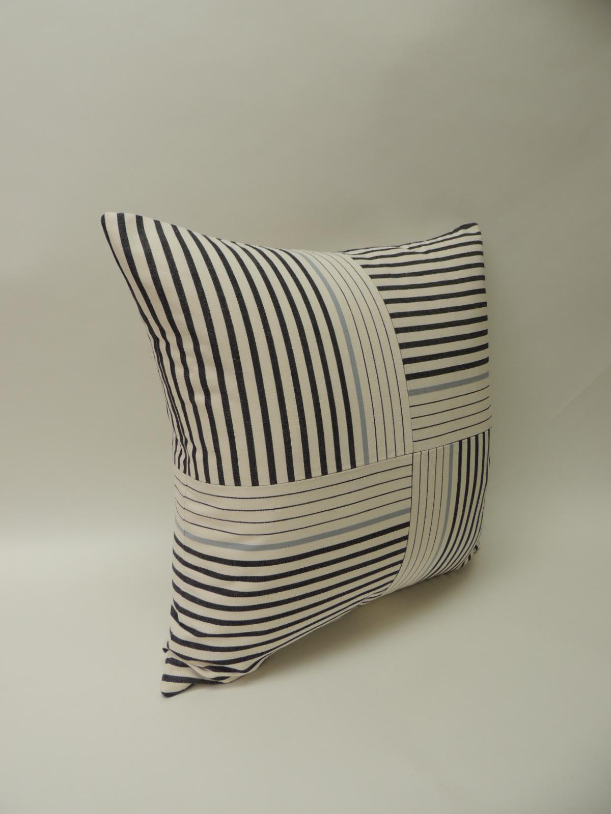 Hand-Crafted Graphic Natural and Charcoal “Parsons” Stripes Decorative Pillow Double Sided