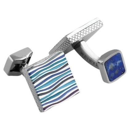 Graphic Onda Cufflinks with Blue Enamel and Sodalite in Titanium For Sale