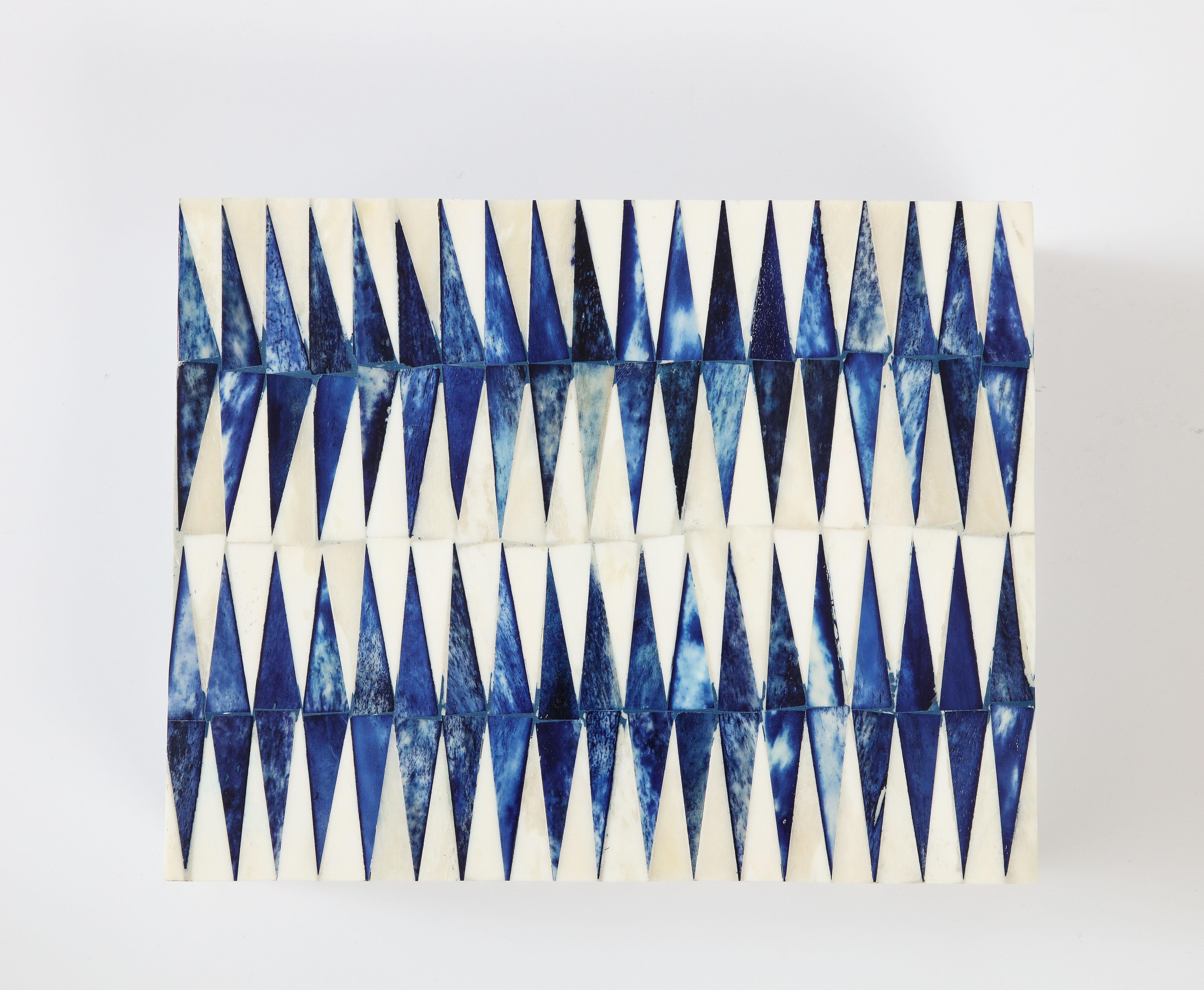 Contemporary Graphic Pattern Blue / Natural Bone Box For Sale