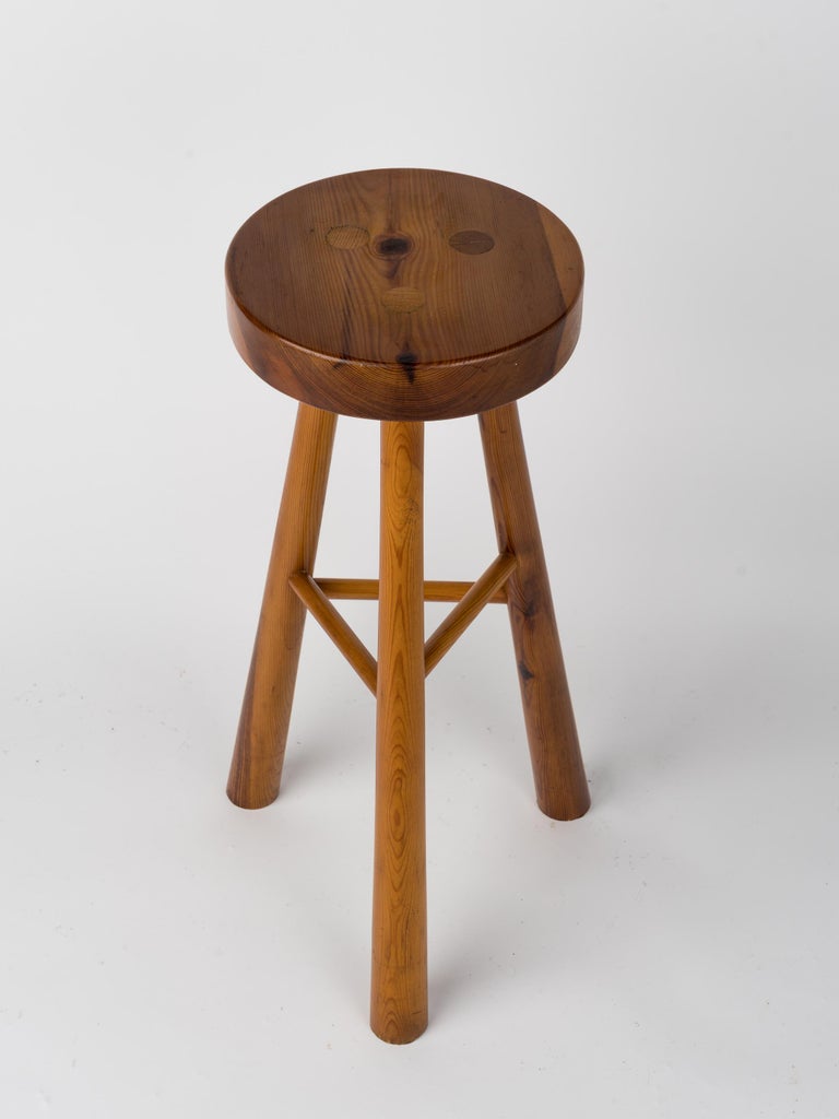 Graphic Pine Wood Bar Stool in the Style of Perriand, France, 1970's
