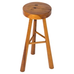 Vintage Graphic Pine Wood Bar Stool in the Style of Perriand, France, 1970's