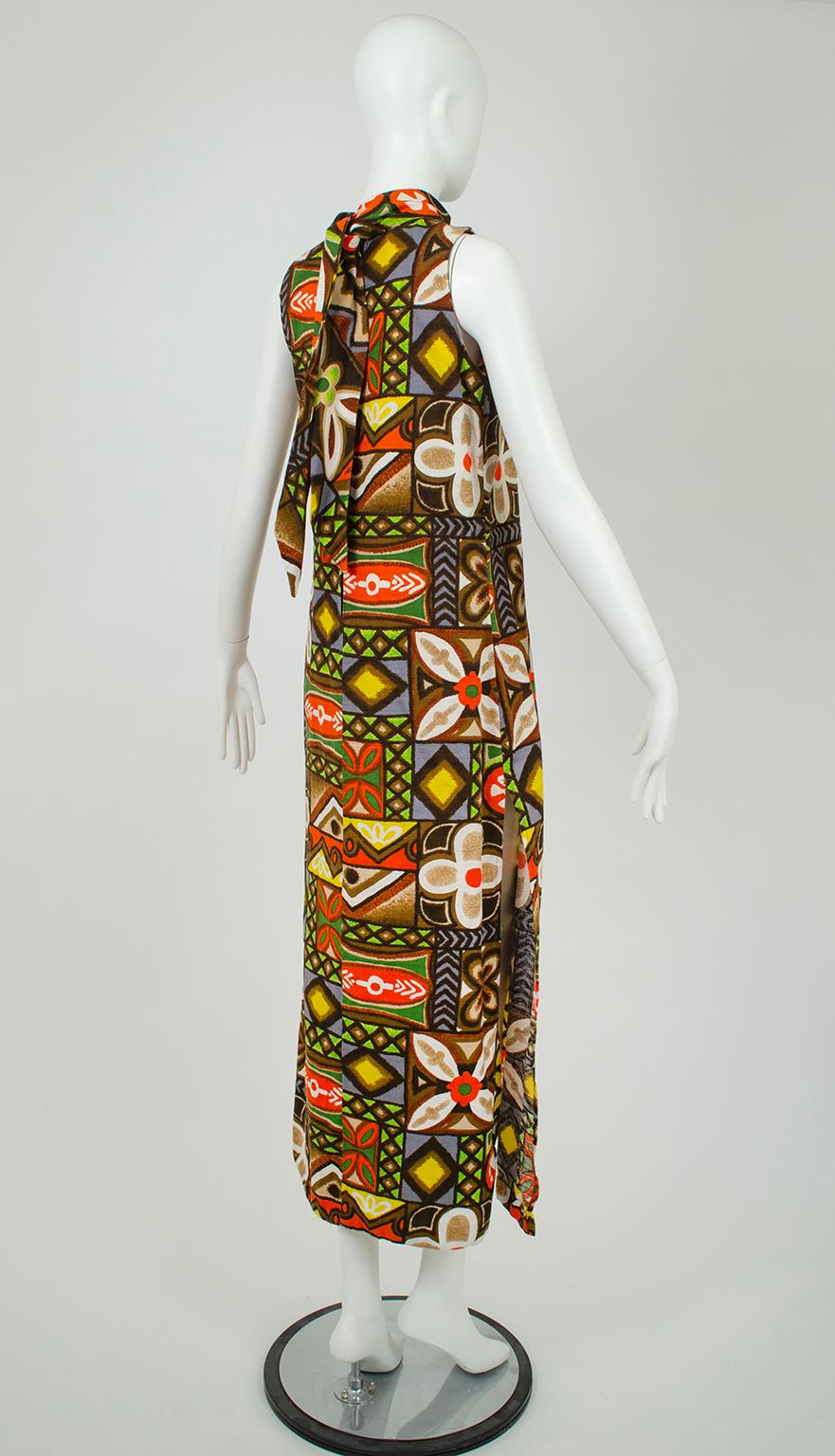 Beige Graphic Polynesian Tiki Barkcloth Sleeveless Maxi Dress w Neck Sash – M, 1960s For Sale