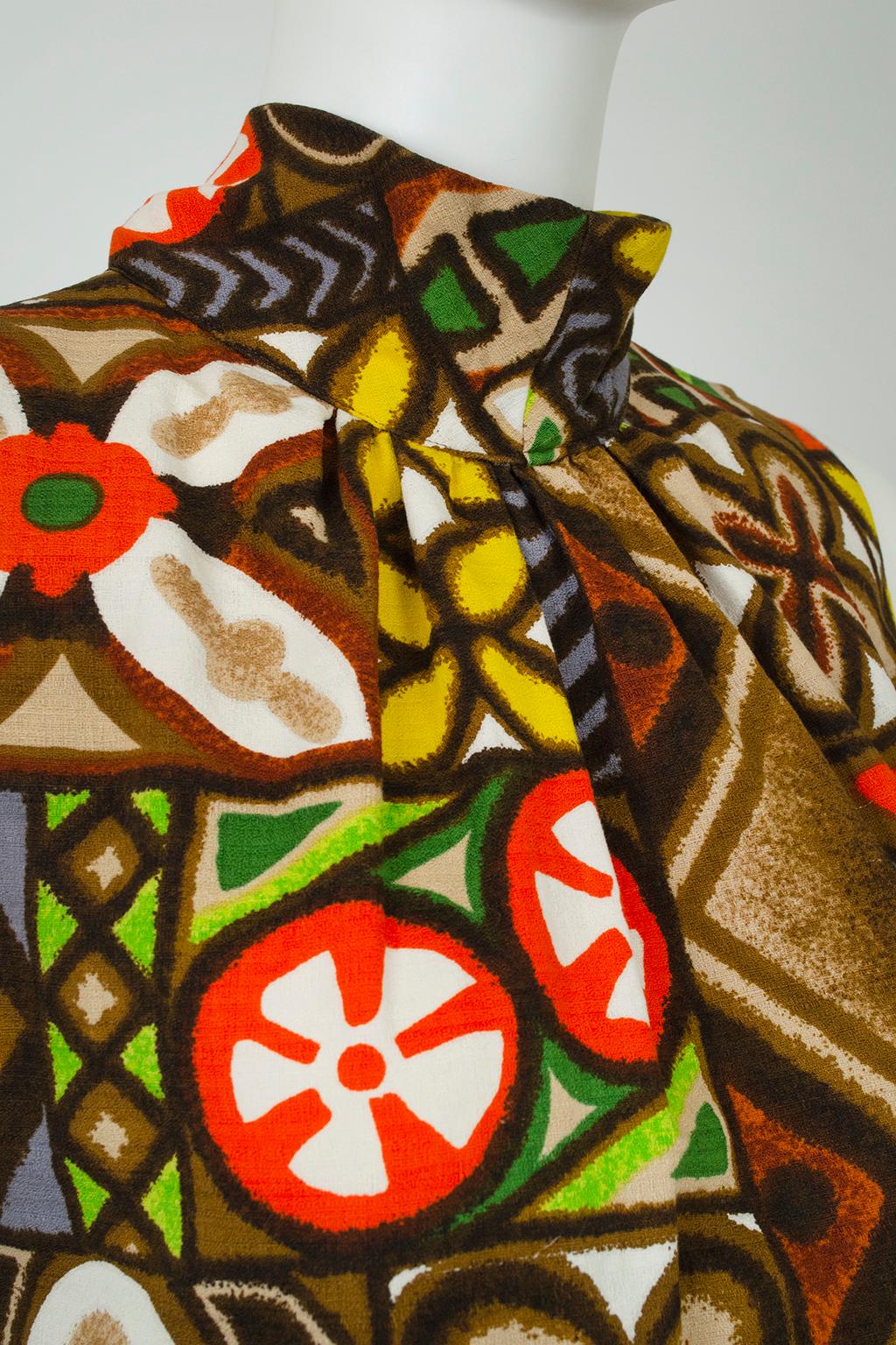 Women's Graphic Polynesian Tiki Barkcloth Sleeveless Maxi Dress w Neck Sash – M, 1960s For Sale