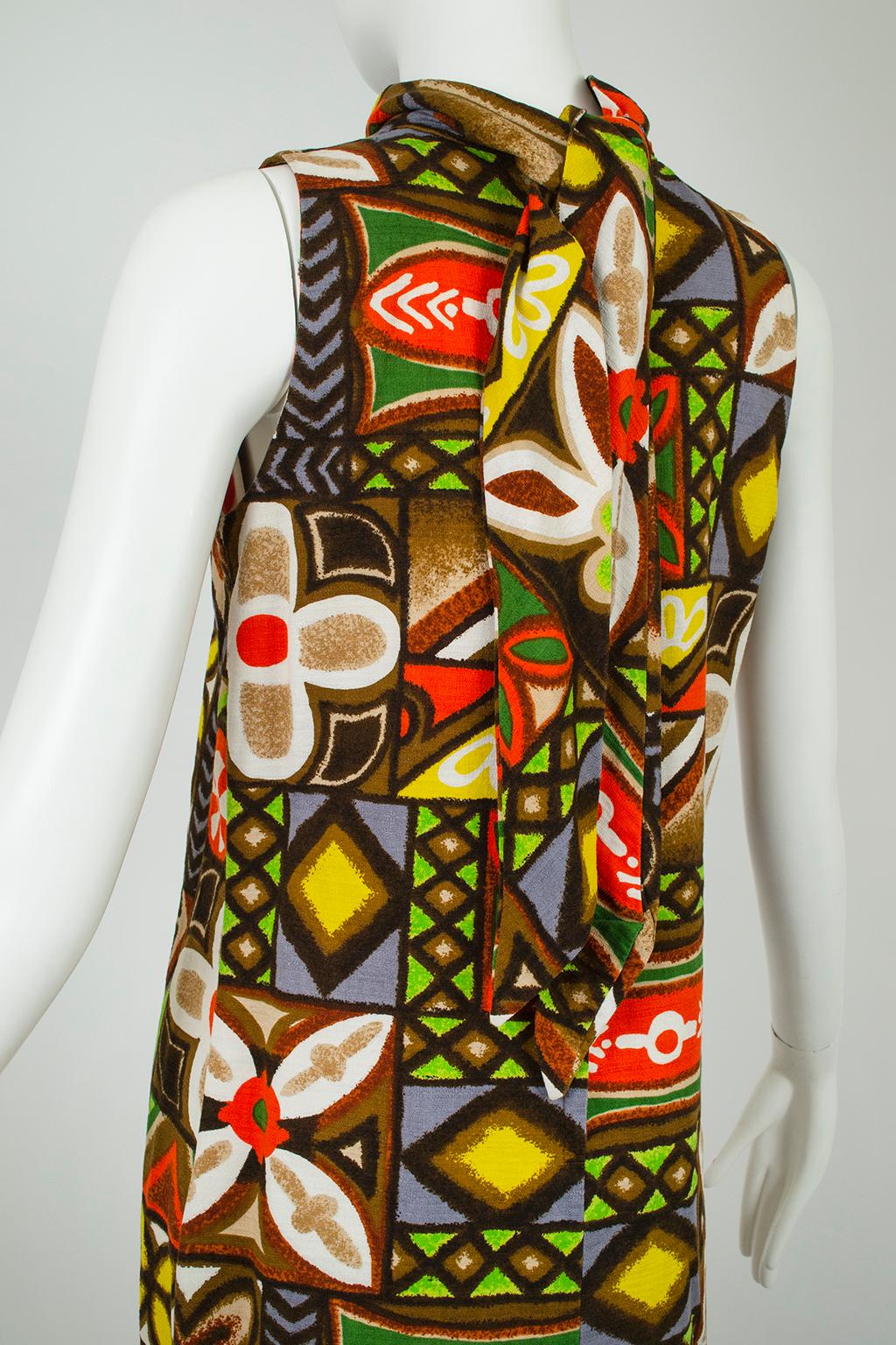 Graphic Polynesian Tiki Barkcloth Sleeveless Maxi Dress w Neck Sash – M, 1960s For Sale 1