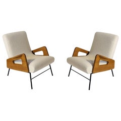 Graphic Solid Oak and Bouclette Armchairs Attributed to Guermonprez France 1950s