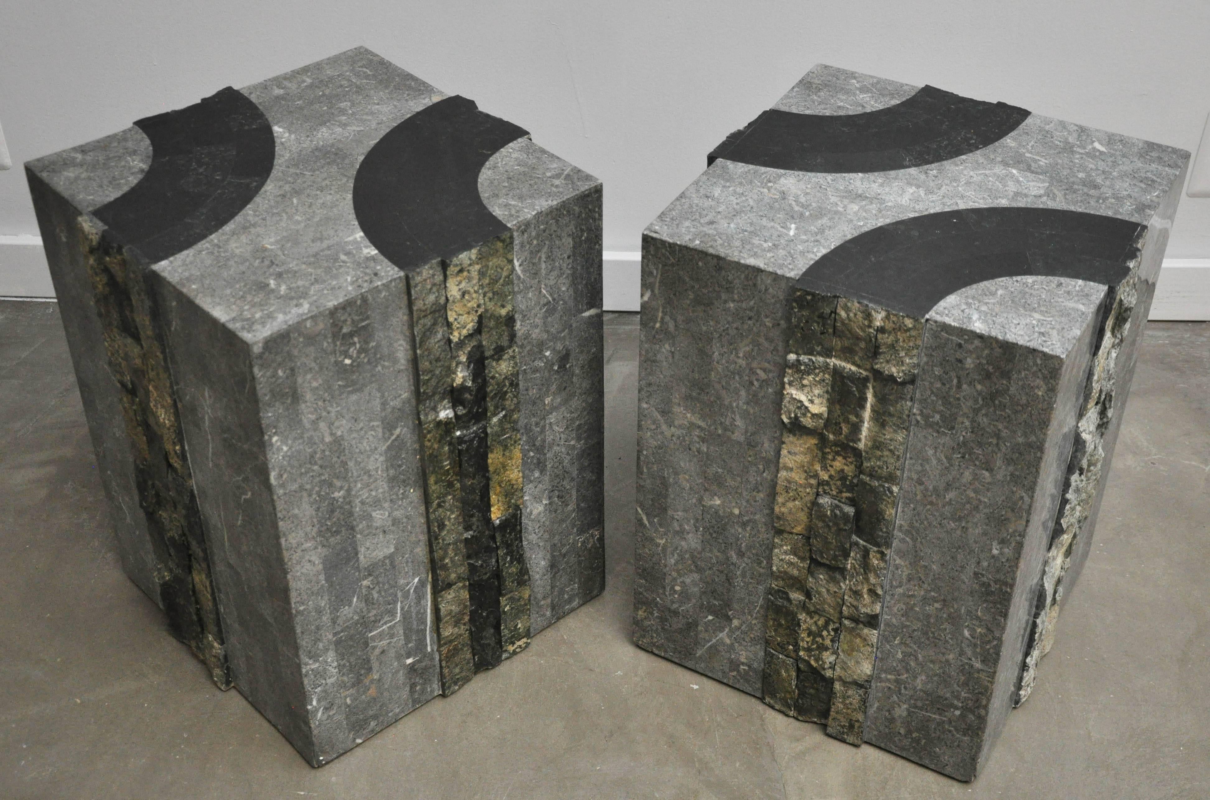 Pair of side tables in tessellated stone with graphic marble inlays, circa 1980s.