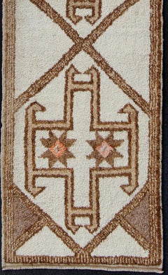 Graphic and Geometrical Design Tulu Turkish Vintage Runner in Cream, Brown & Tan