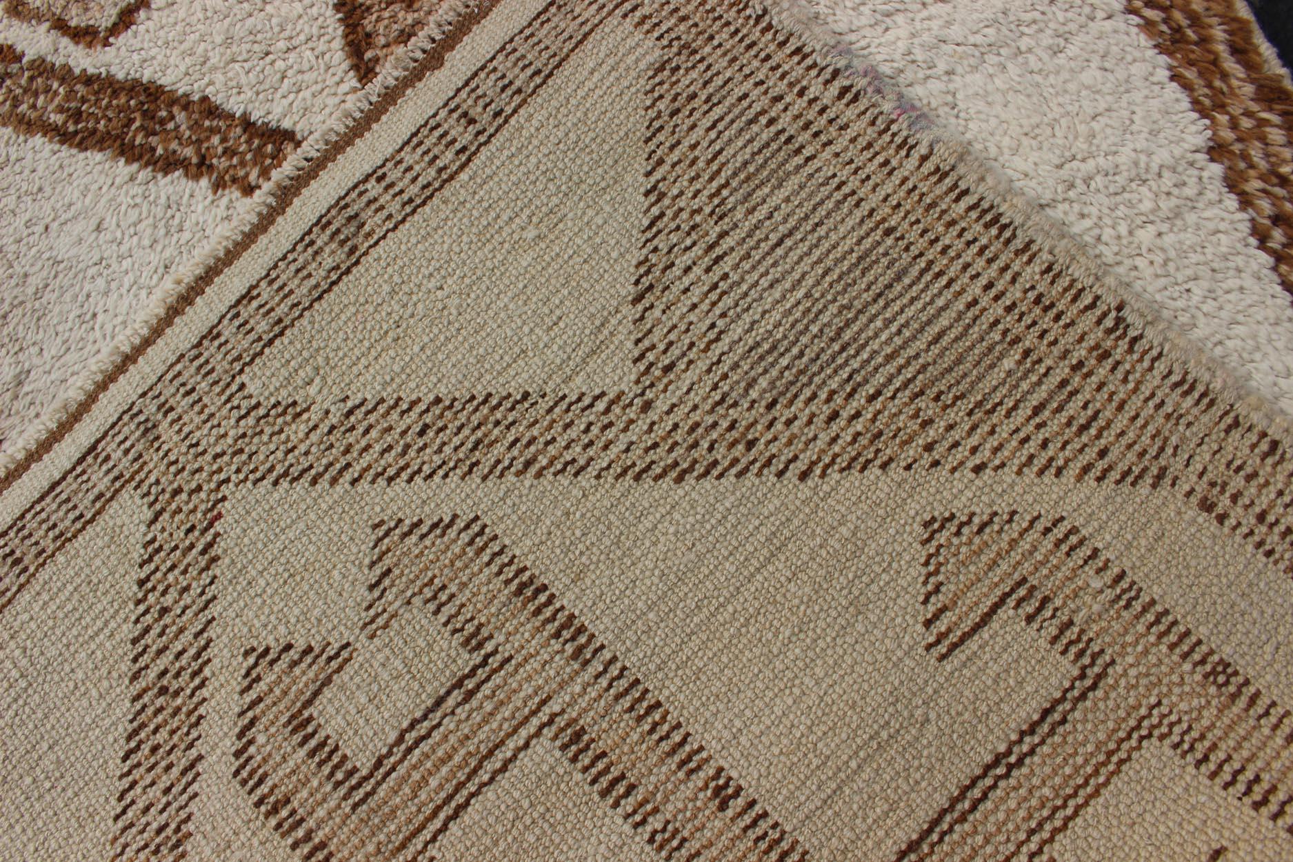 Graphic and Geometrical Design Tulu Turkish Vintage Runner in Cream, Brown & Tan For Sale 1