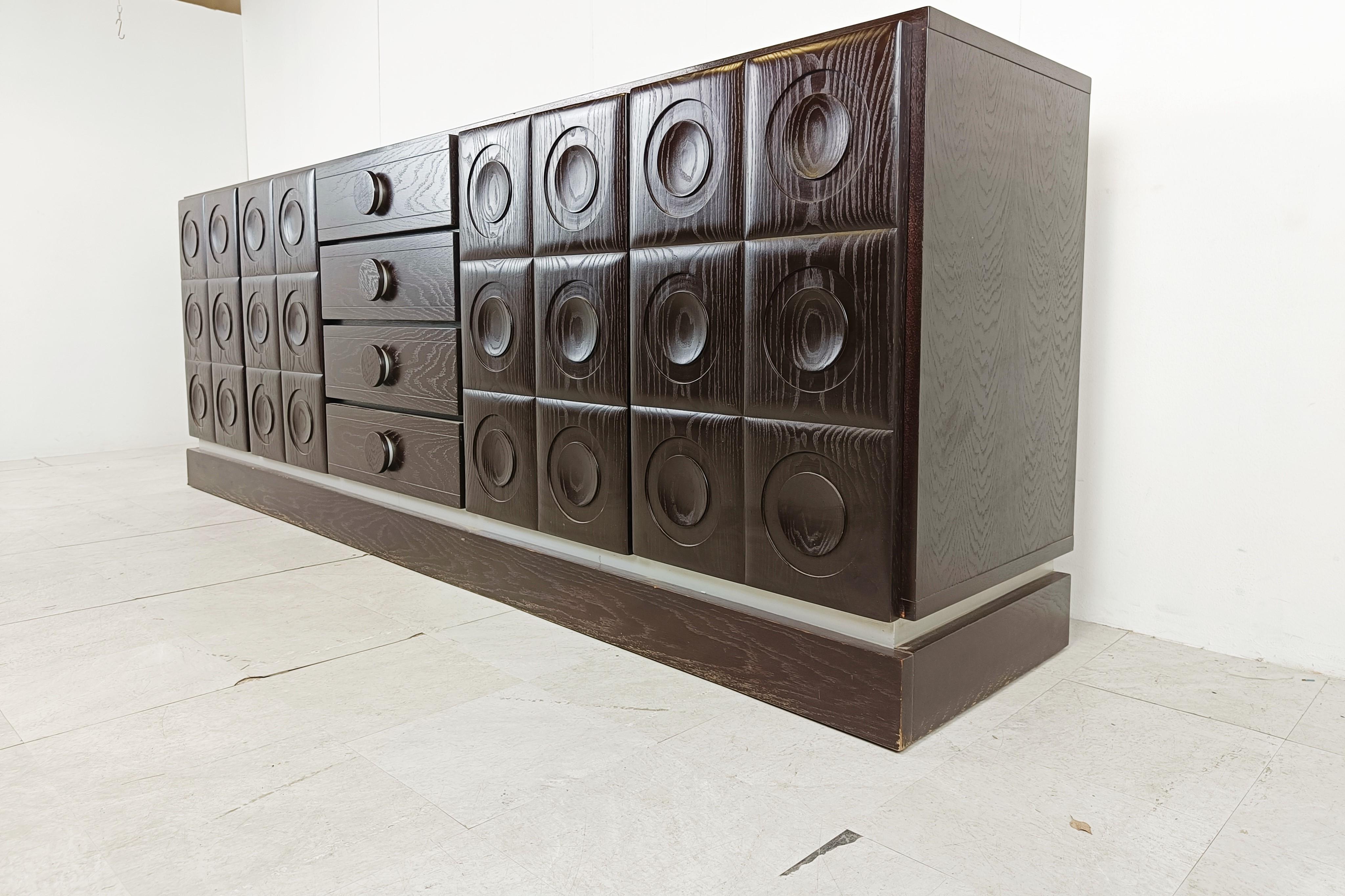Wood Graphical brutalist credenza, 1970s For Sale