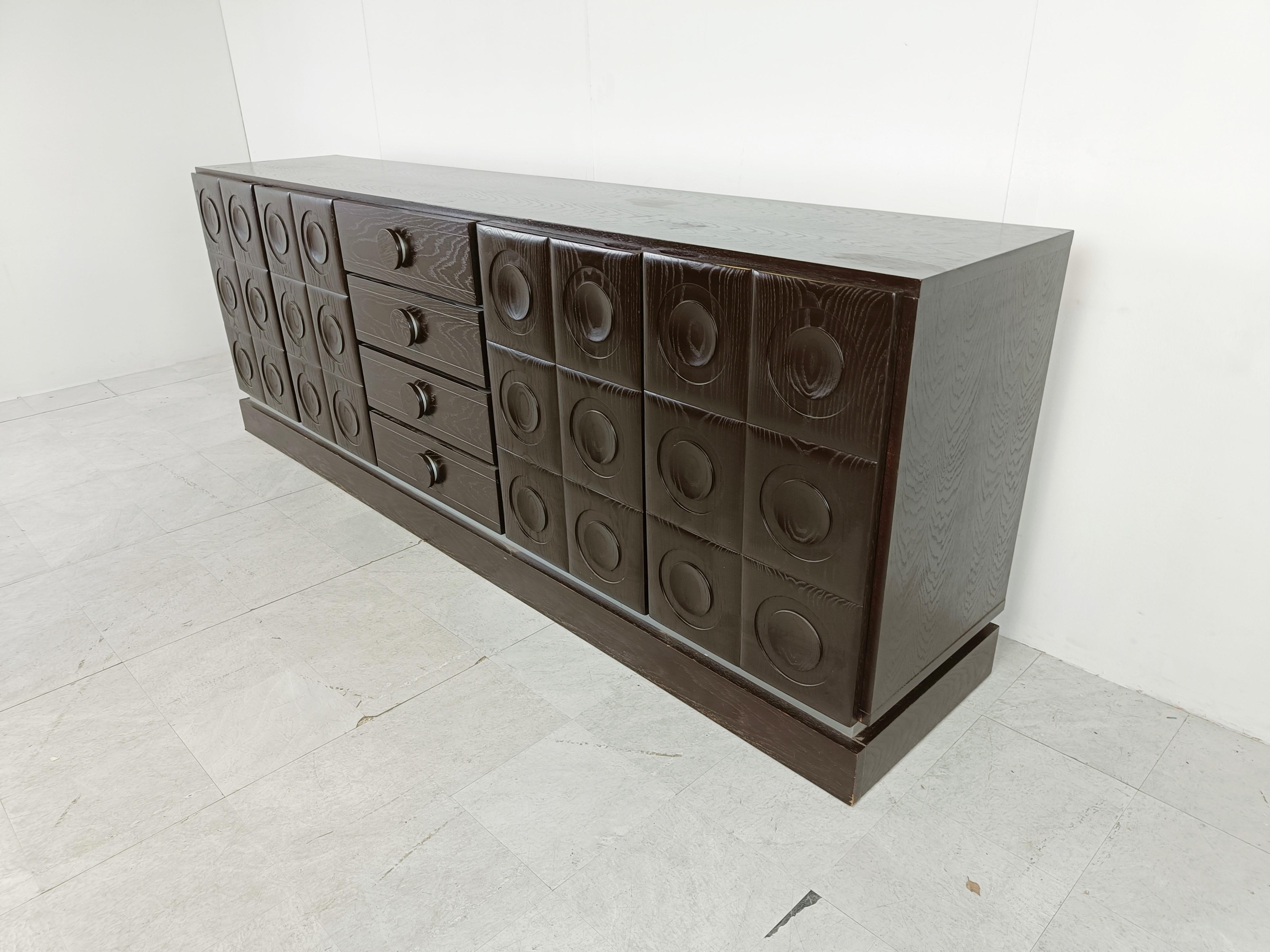 Wood Graphical brutalist credenza, 1970s For Sale