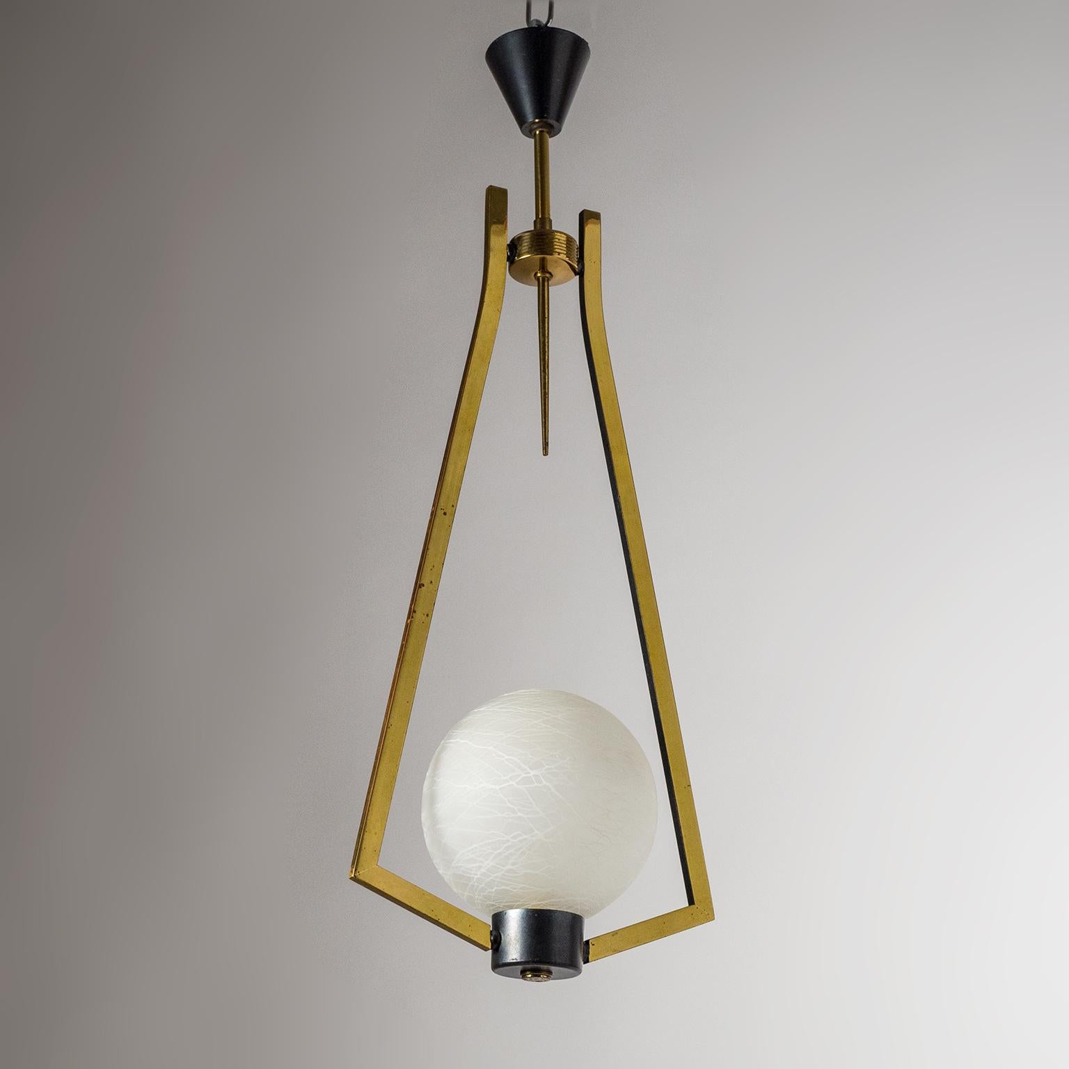 Graphical French Brass and Glass Pendant, circa 1960 2