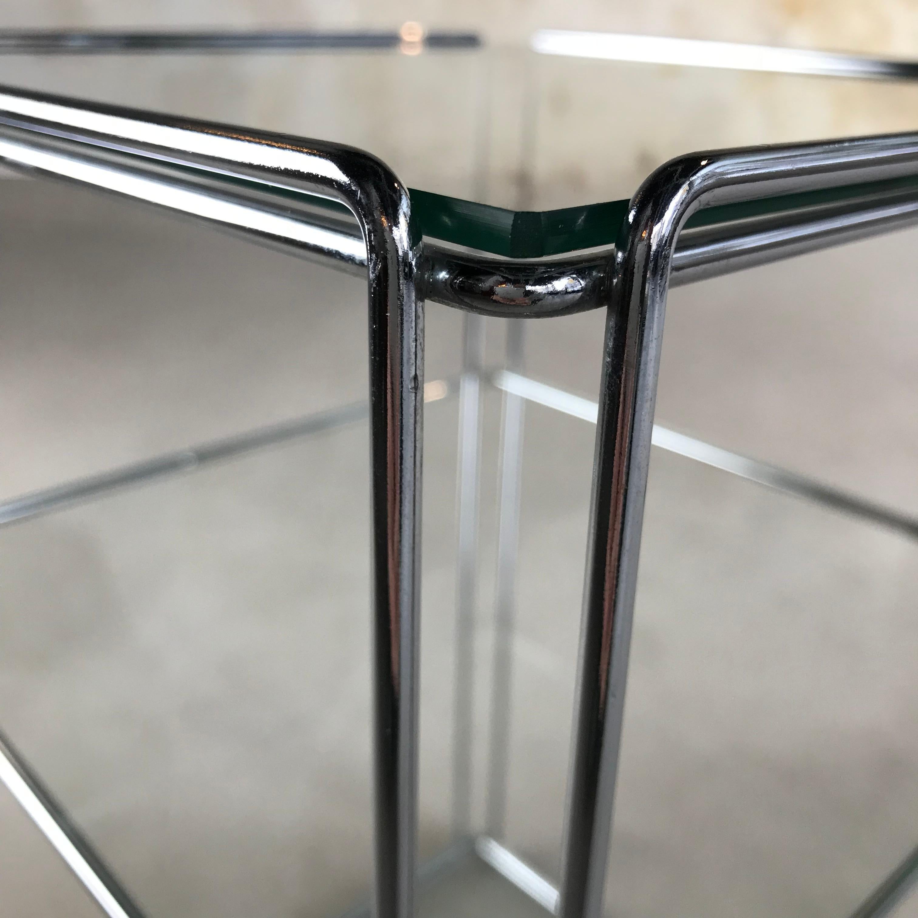 Glass Graphical Two-Tiered ‘Isocele’ Chrome Side Table by Max Sauze, France, 1970s
