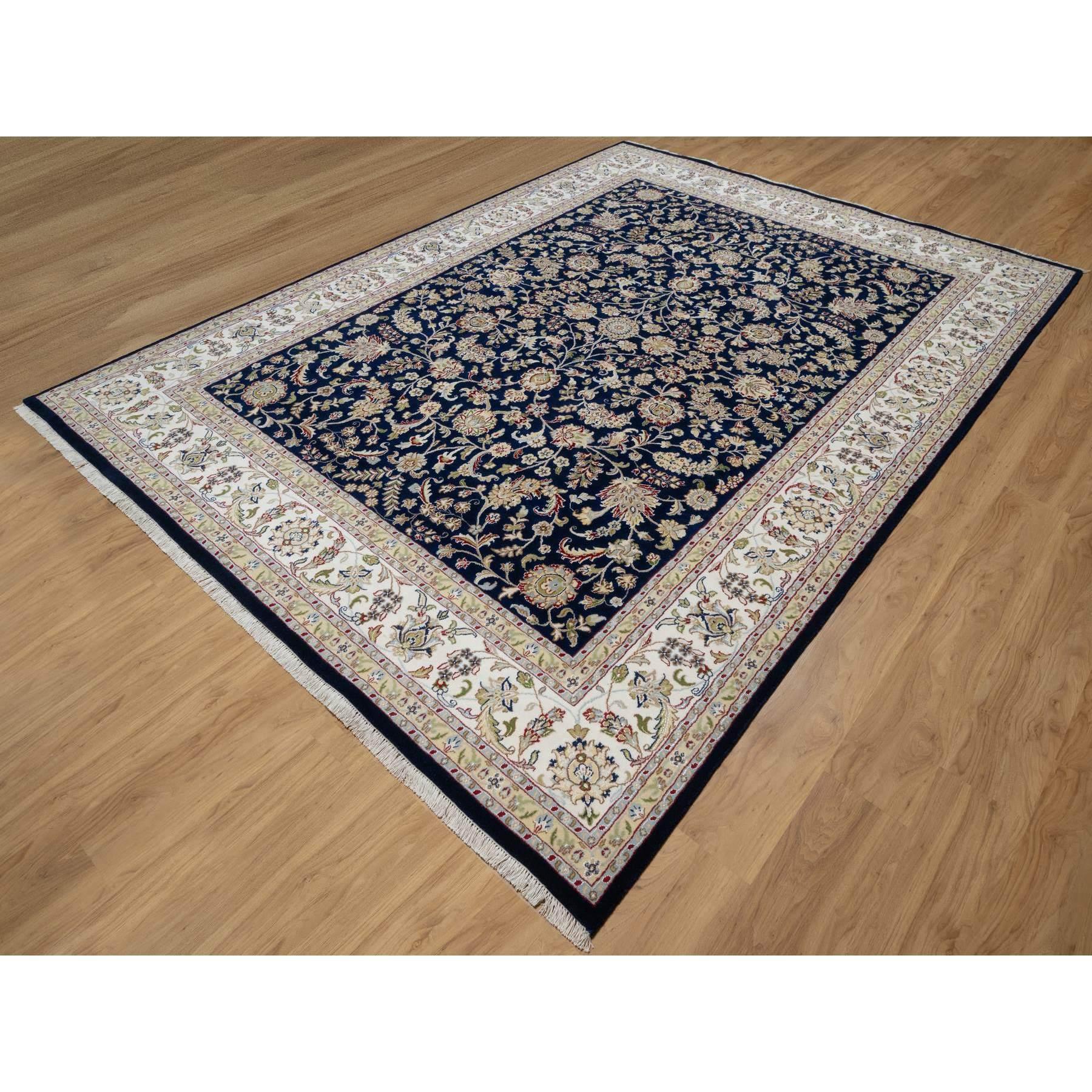 Médiéval Tapis noué à la main en laine et soie bleu nain graphite avec motif de fleurs 8'9