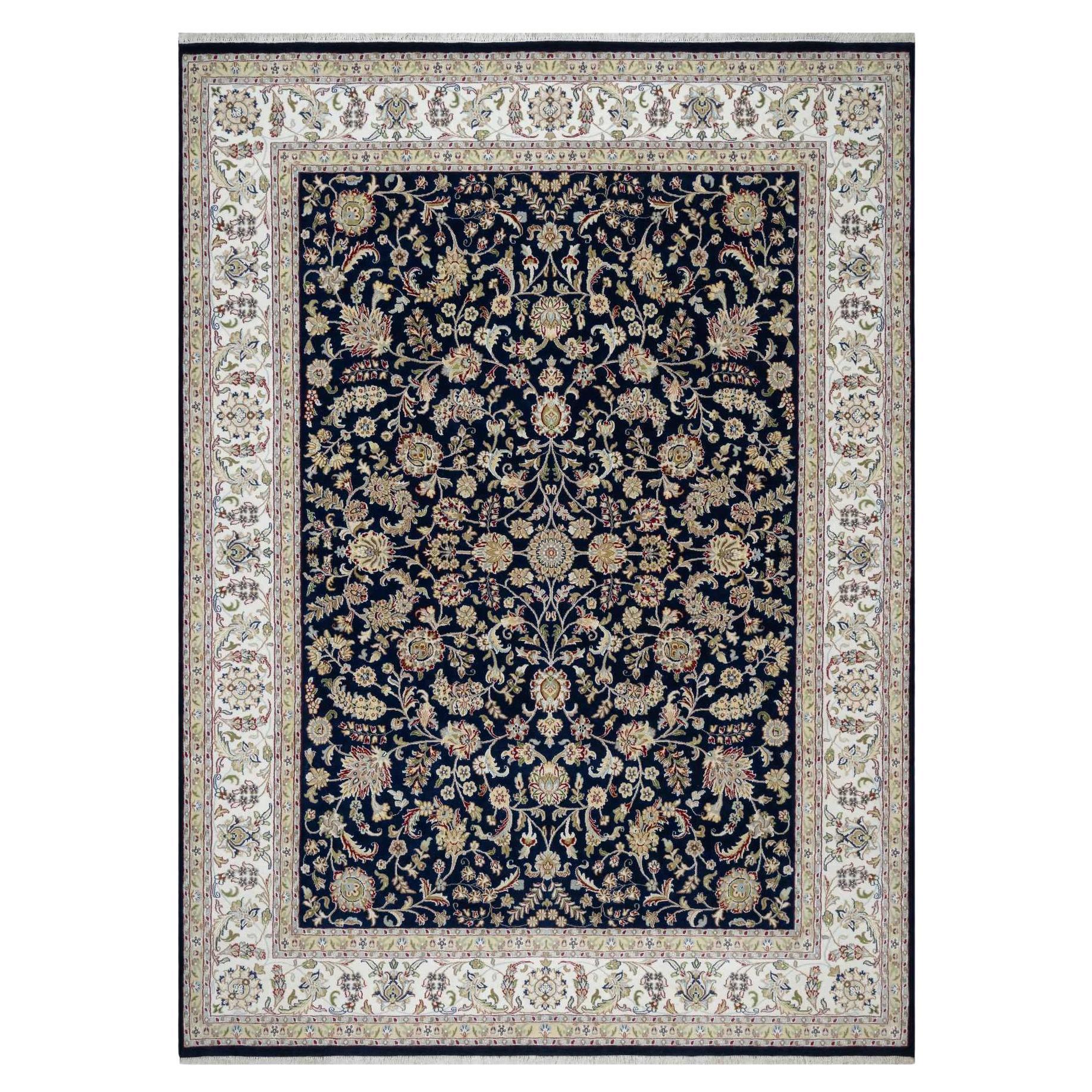 Tappeto Nain blu grafite con design floreale in lana e seta annodato a mano 8'9" x 12'