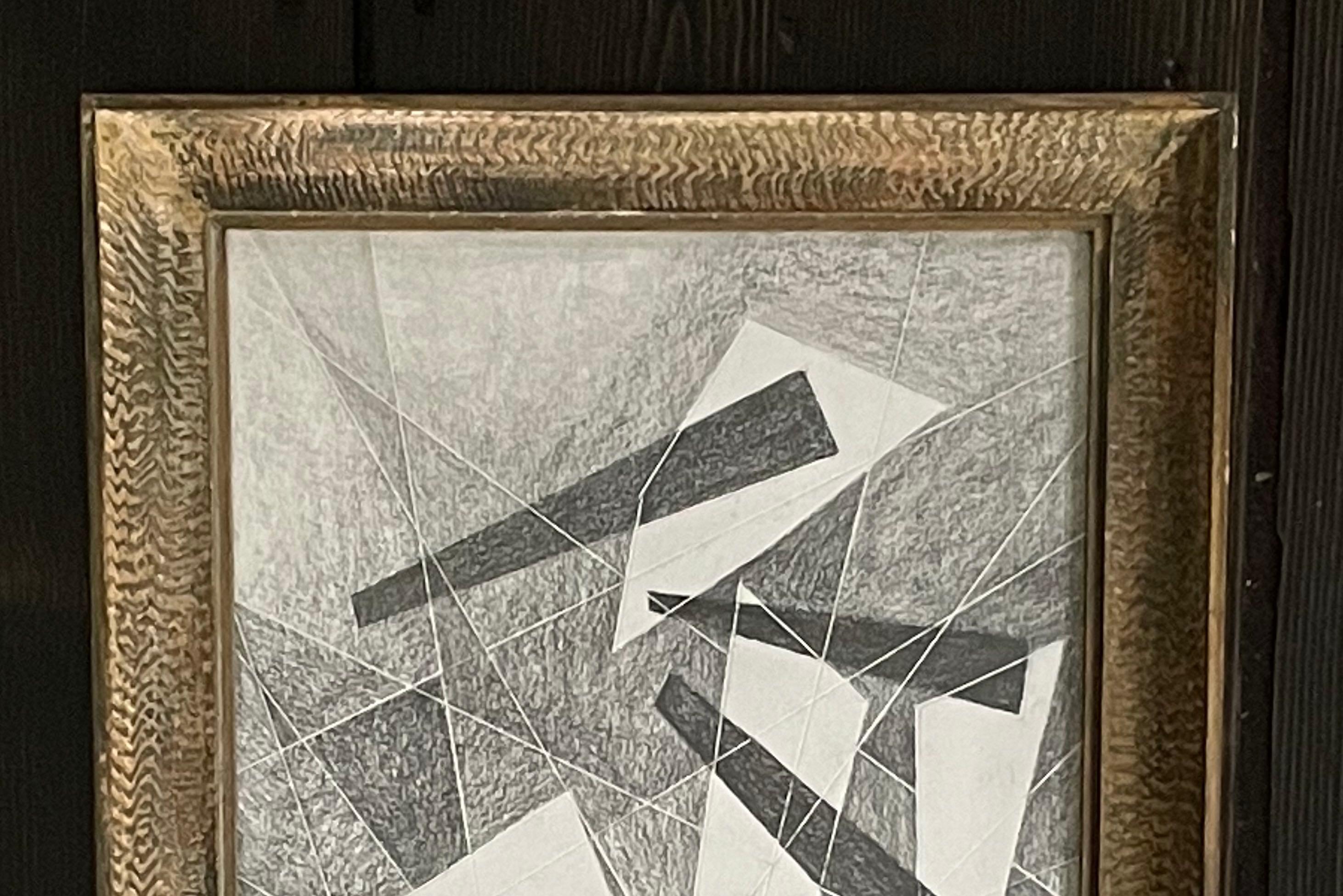 Original graphite drawing by American artist David Dew Bruner in 2015.
Study in trapezoid shapes.
Inspired by the artist Graham Sutherland.
This is one of many pieces from a large body of works by this artist.
Vintage gold gilt wood frame. 
