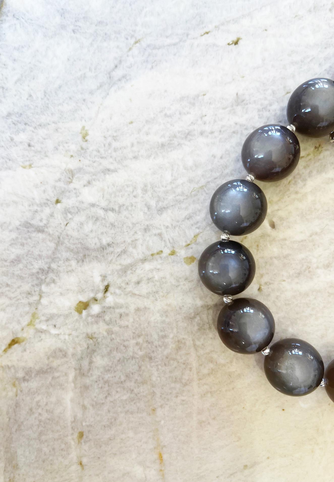 Graphite Gray Moonstone 16mm Round Beaded Necklace with Handmade Toggle Clasp 4