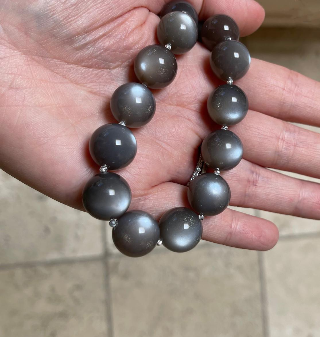 Round Cut Graphite Gray Moonstone 16mm Round Beaded Necklace with Handmade Toggle Clasp