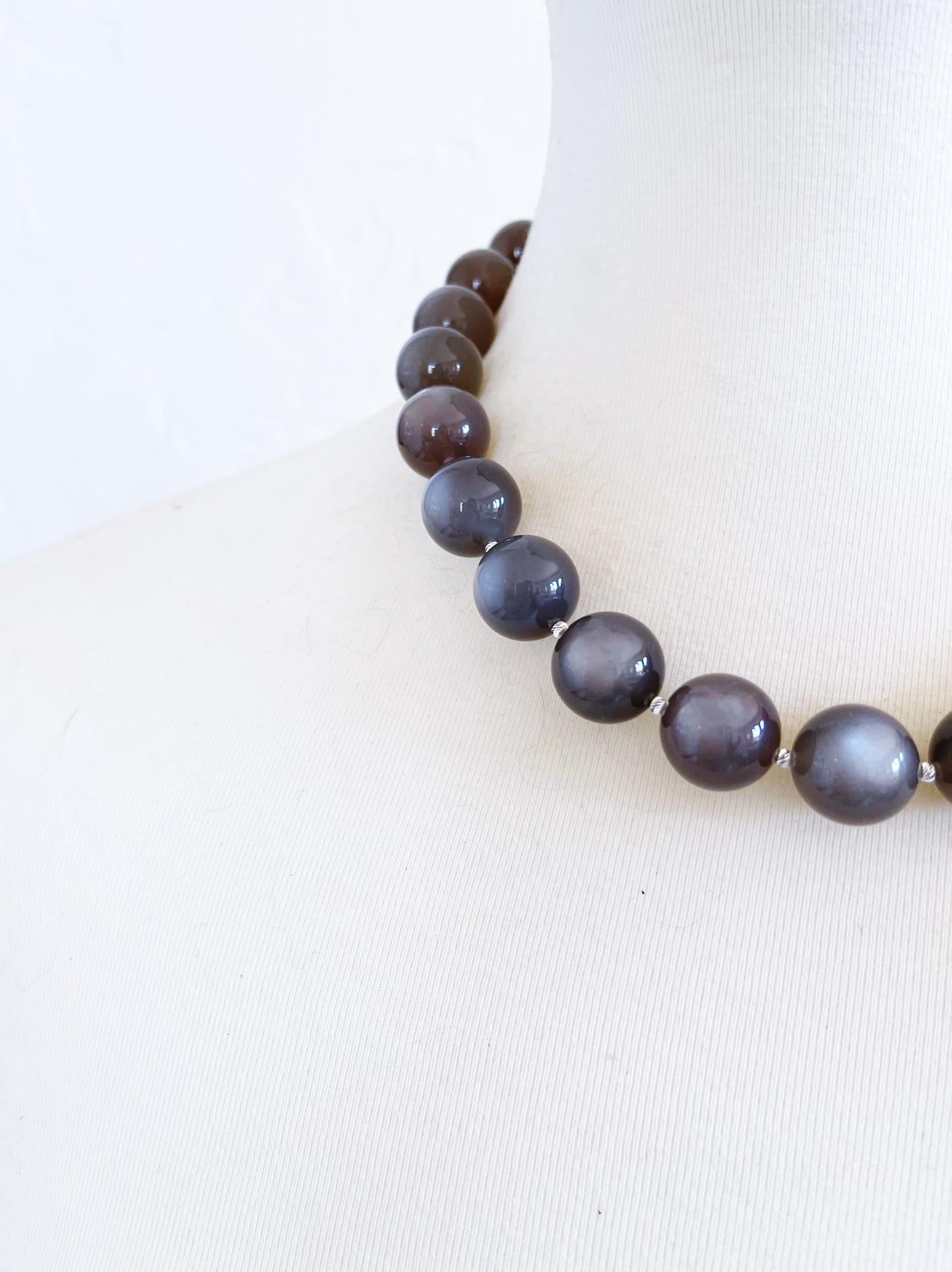 Graphite Gray Moonstone 16mm Round Beaded Necklace with Handmade Toggle Clasp In New Condition In Tucson, AZ