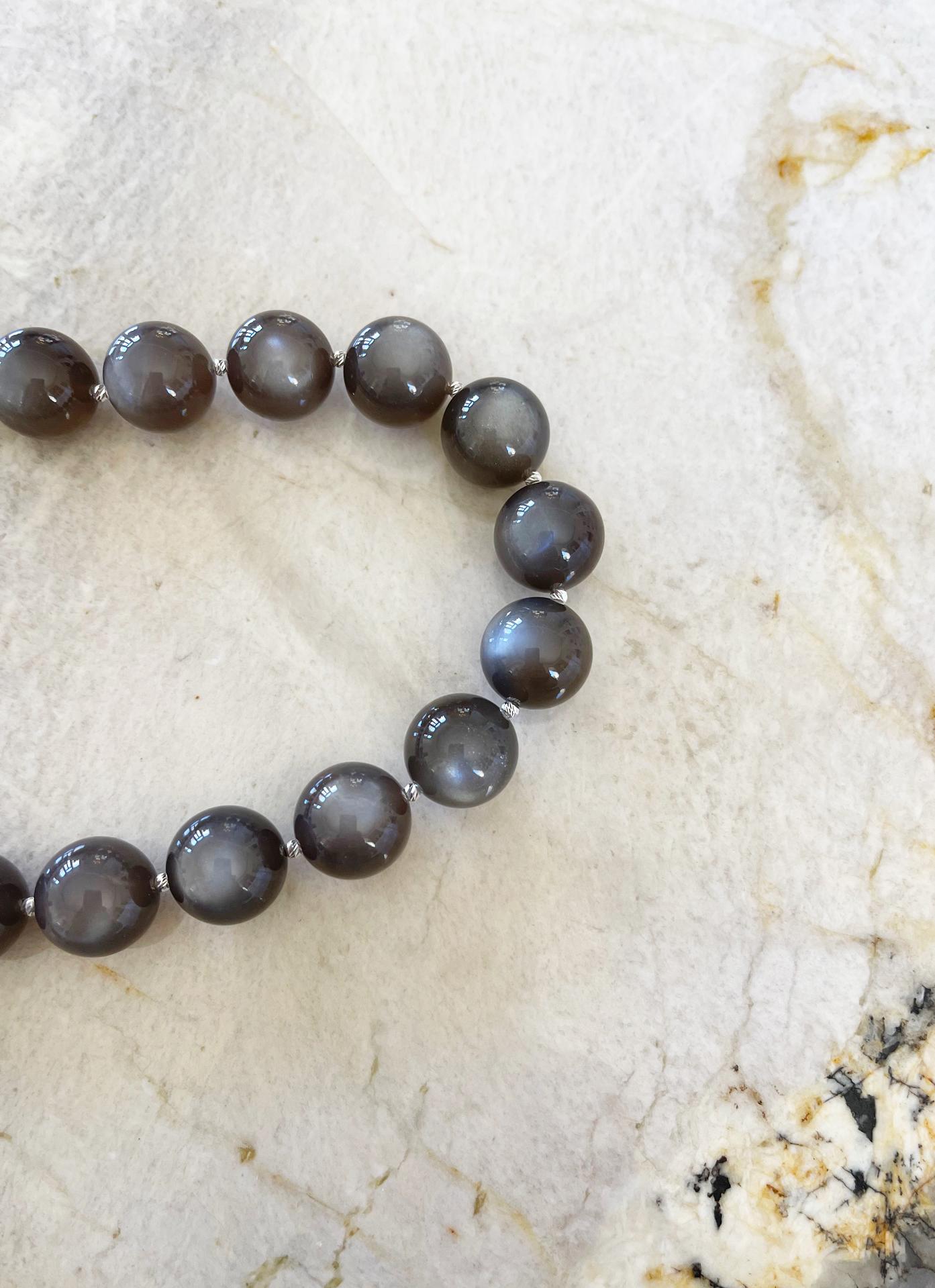 Graphite Gray Moonstone 16mm Round Beaded Necklace with Handmade Toggle Clasp 3