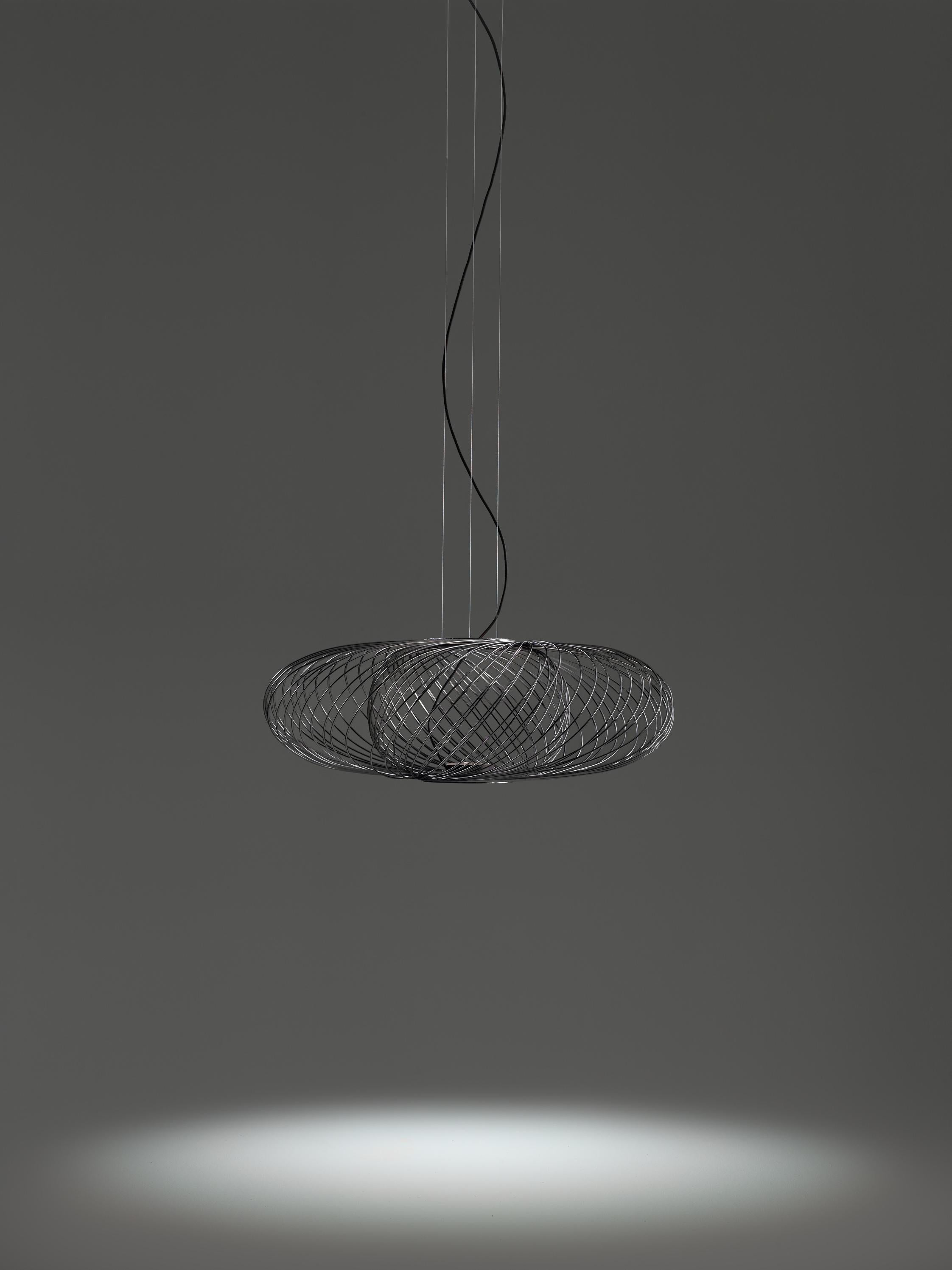 Graphite Matte Anwar T 30 by Parachilna
Dimensions: D 90 x H 30 cm. 
Materials: Steel Structure.
Weight: 11.8 kg

Each structure is composed by nearly 100 steel rods welded one by one. It’s an artisanal lamp that reminds traditional wicker baskets.