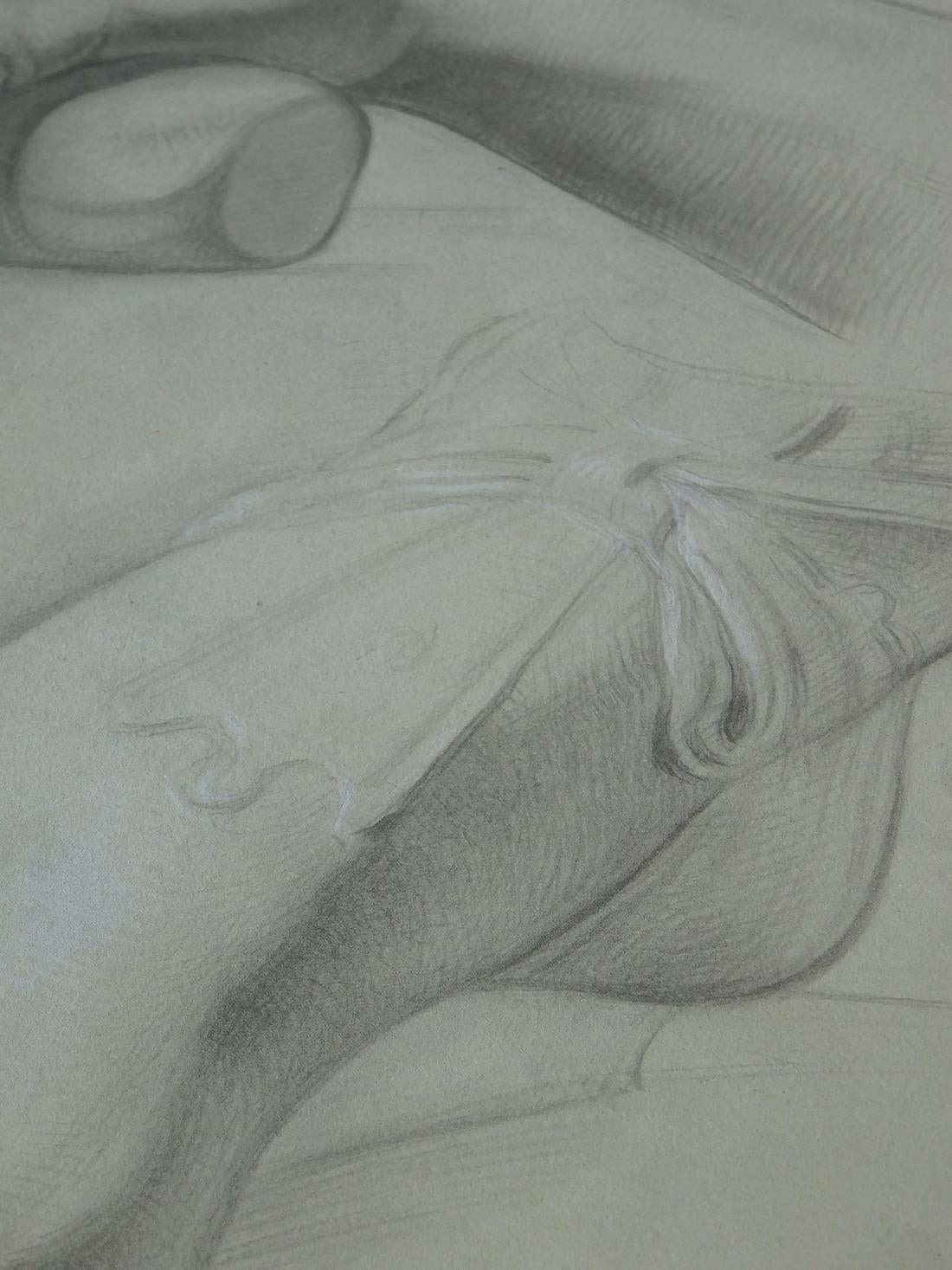 Graphite on paper: two artist studies of hands and extended foot; each ell-rendered artist's study depicting grasping hands and a foreshortened foot; very nicely detailed; unsigned; new deep brown lacquered wooden frames and fillets with acid-free